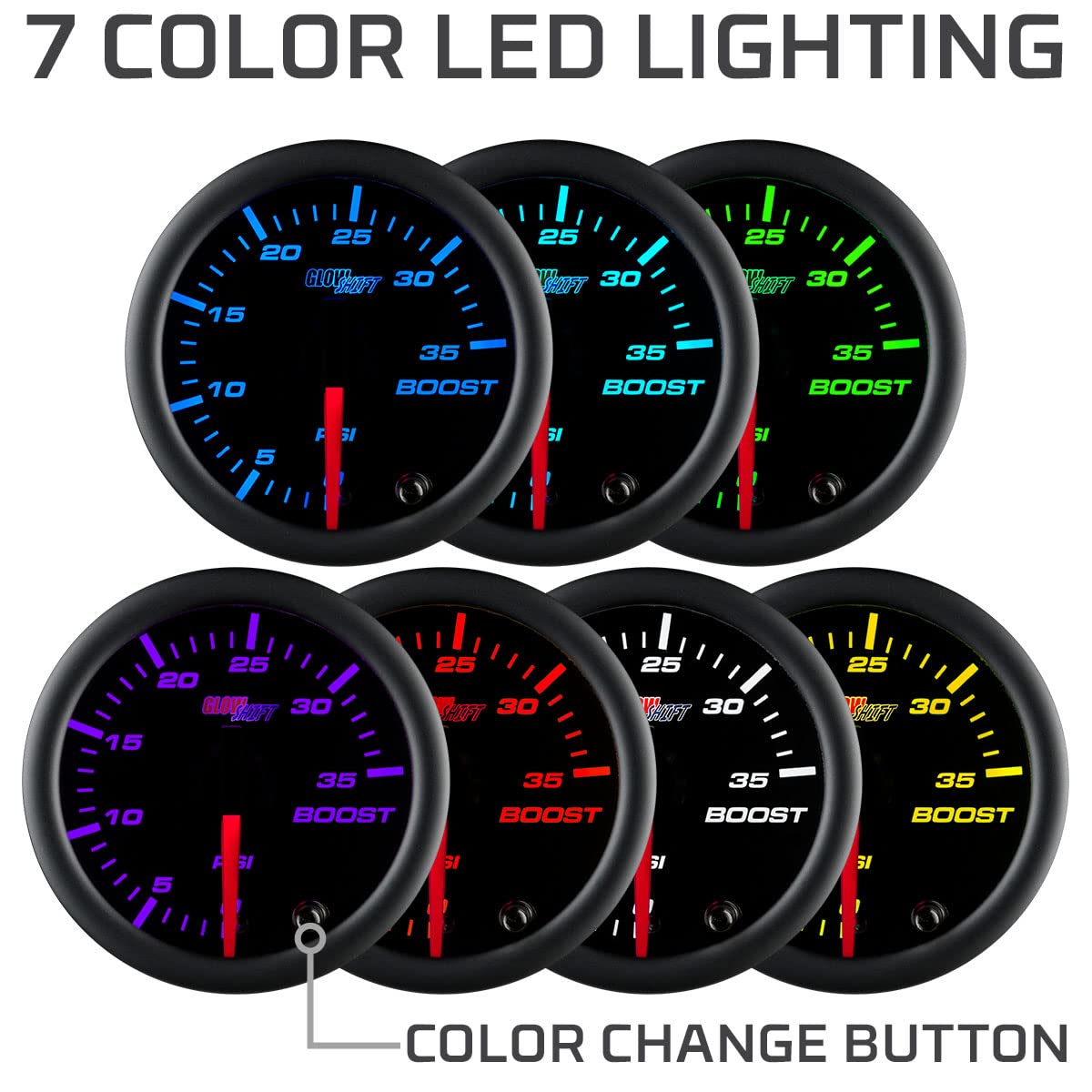 Glowshift Black 7 Color 35 Psi Turbo Boost Gauge Kit - Includes Mechanical Hose & Fittings - Black Dial - Clear Lens - For Car &