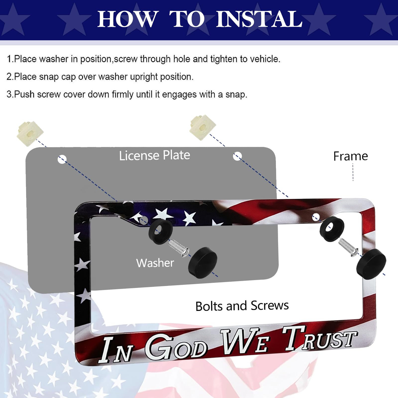 Lin Kang In God We Trust Christian License Plate Frames - 2 Pack American Flag Design Car Plate Holder Cover Universal Accessori