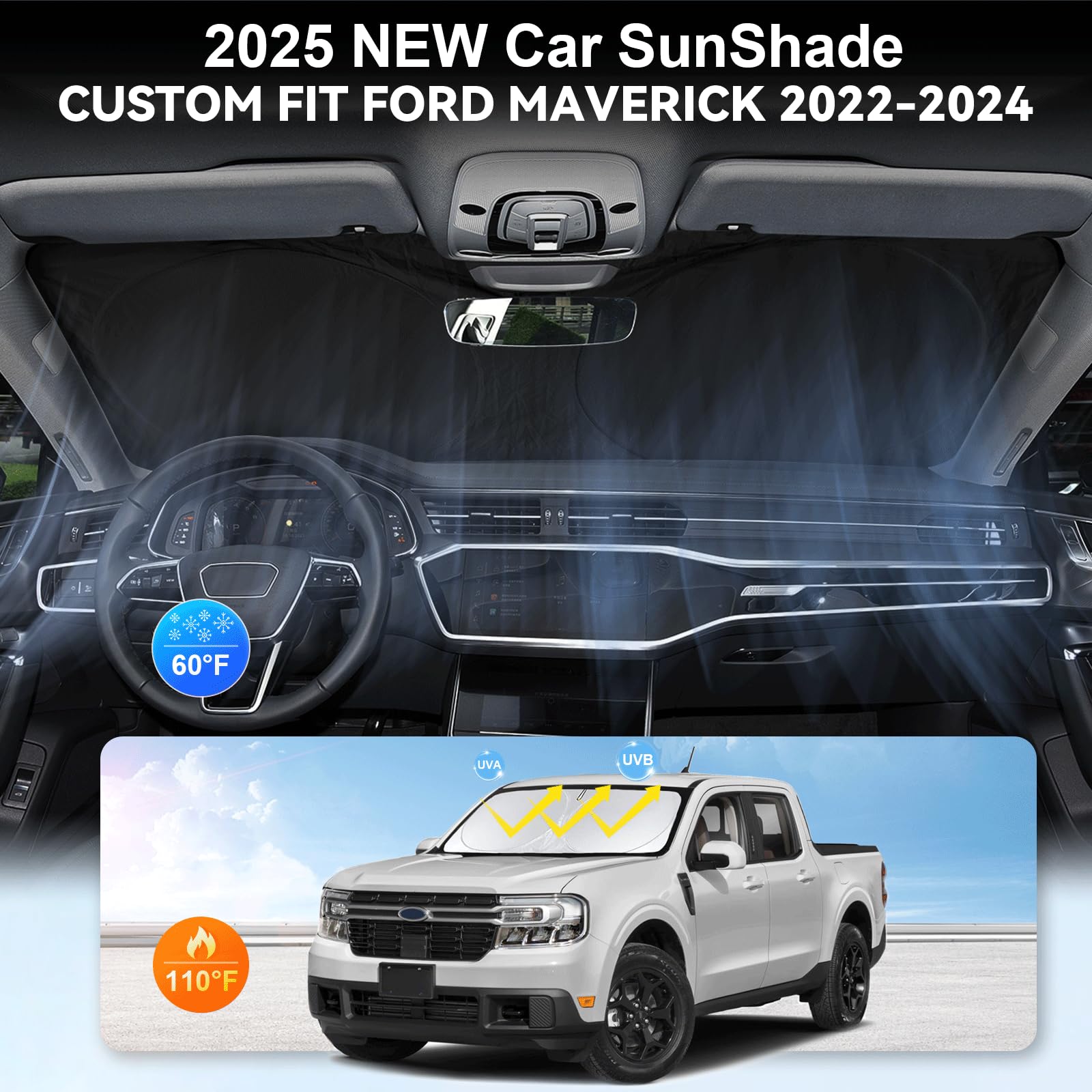 Sunshade For Maverick Windshield Sun Shade Custom-Fit For 2020-2024 2025 Ford Maverick Xlt, Limited, Platinum Accessories Foldab
