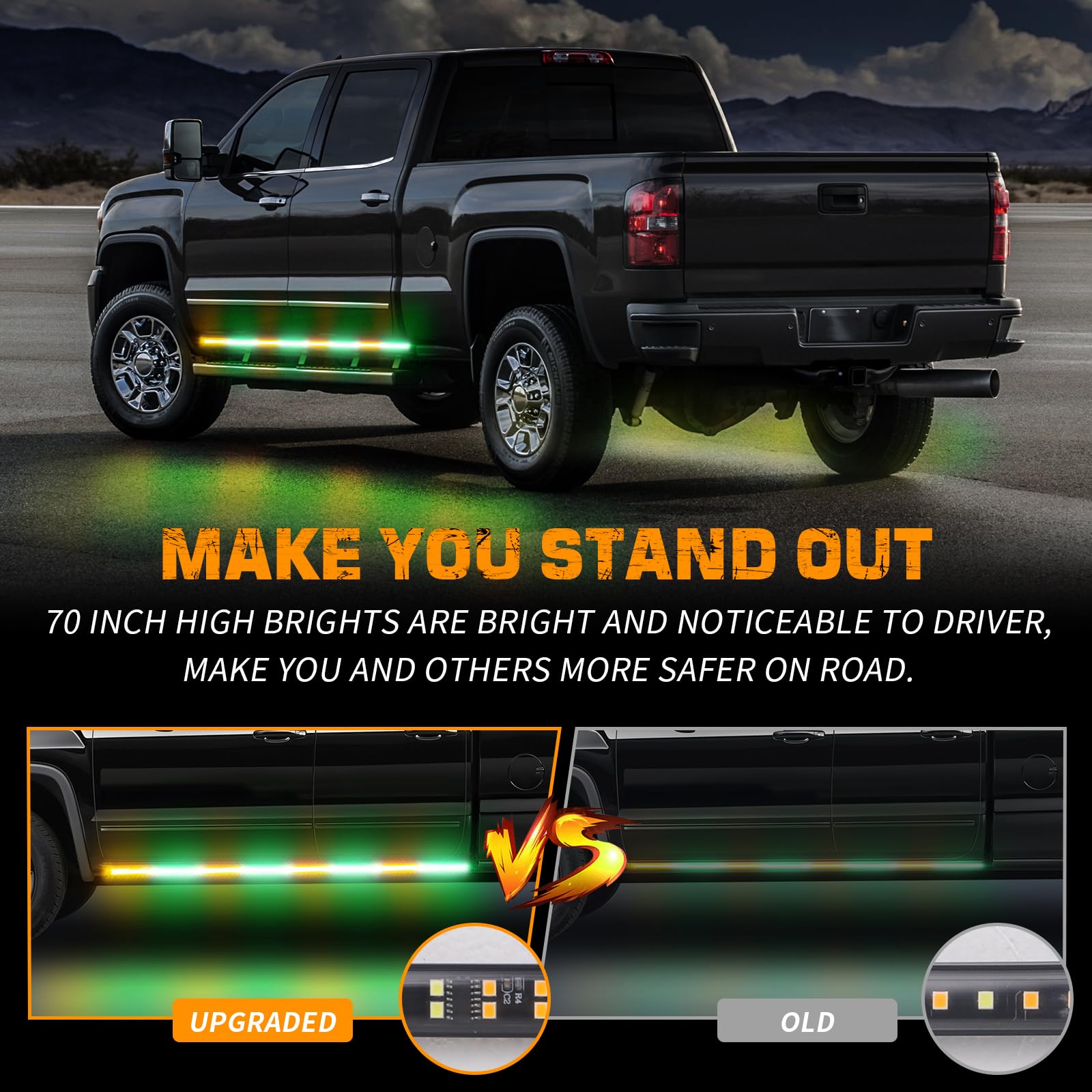 Xridonsen 2Pcs 70 Inch Truck Amber Green Emergency Lights Strip 864 Led Running Board Strobe Lights Bar Firefighter Lights Flash