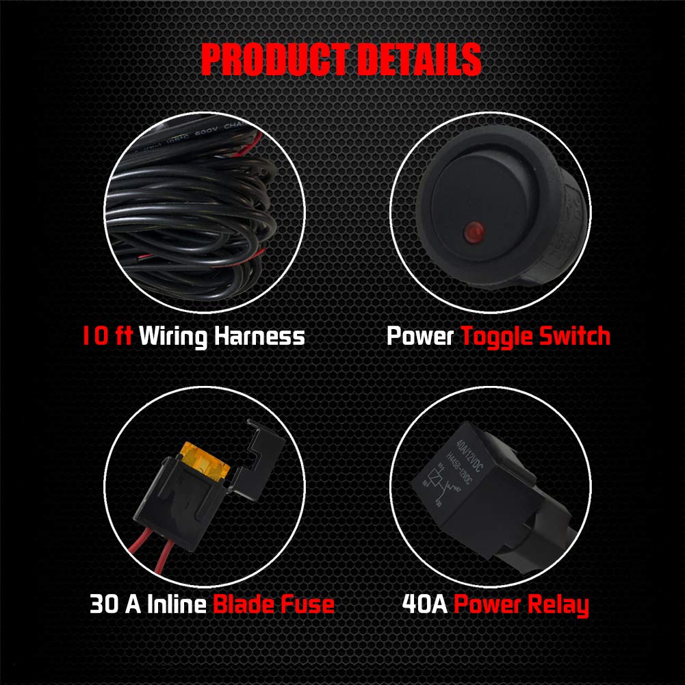 Ampper 4 Lead Wiring Harness for LED Rock Lights, LED Rock Light Pod Wiring Harness Kit with 2 Extension Wires, Relay, Fuse and