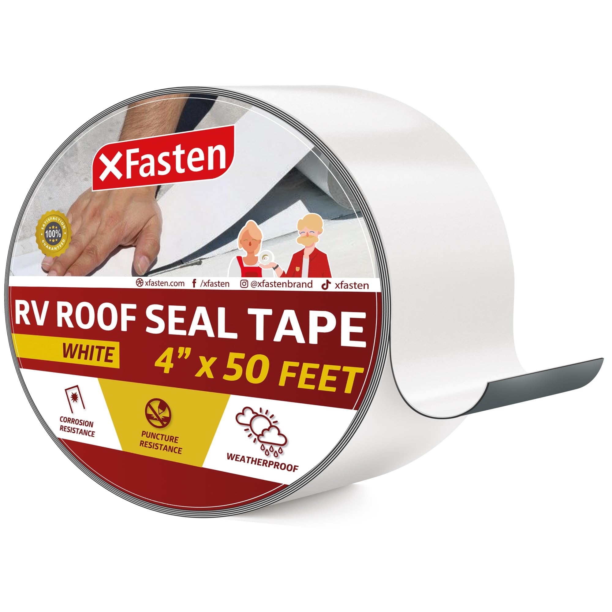 X Fasten Rv Repair Tape, White, 4-Inches By 50-Foot, Weatherproof Rv Rubber Roof Patch Tape For Rv Repair, Window, Vent, Boat Se