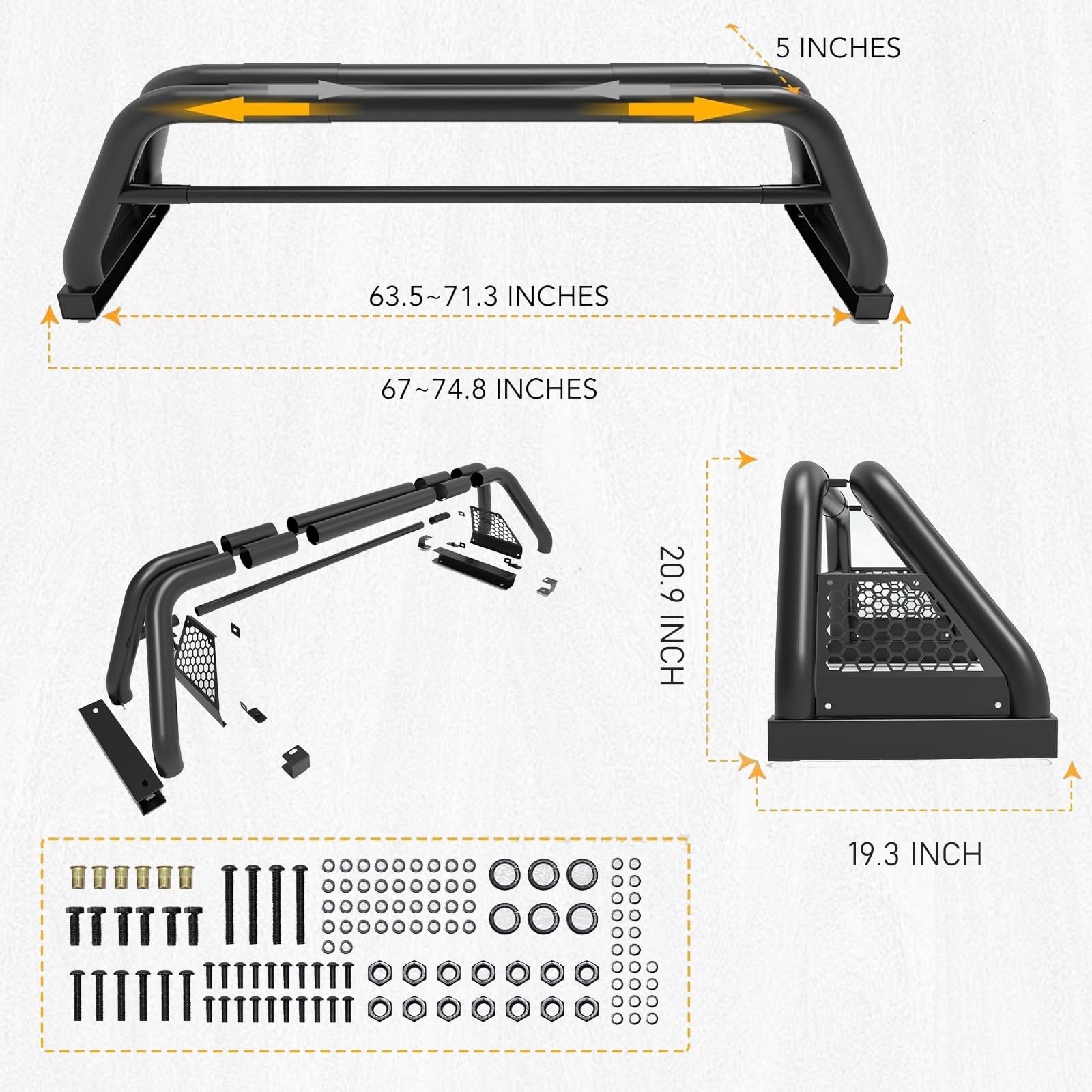 Hawkley Chase Racks for Trucks, Universal Sport Roll Bar, 70.7"x19.3"x20.9", Black, Model I101, Fits Dodge Ram, Jeep, Chevy,