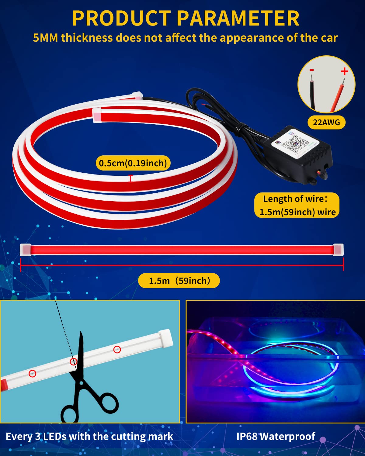 Exterior Car Led Hood Light Strip,Rgb Multicolor Dynamic Scan Start Up Hoodbeam Kit With App & Remote Control,59 Inch 12V Update