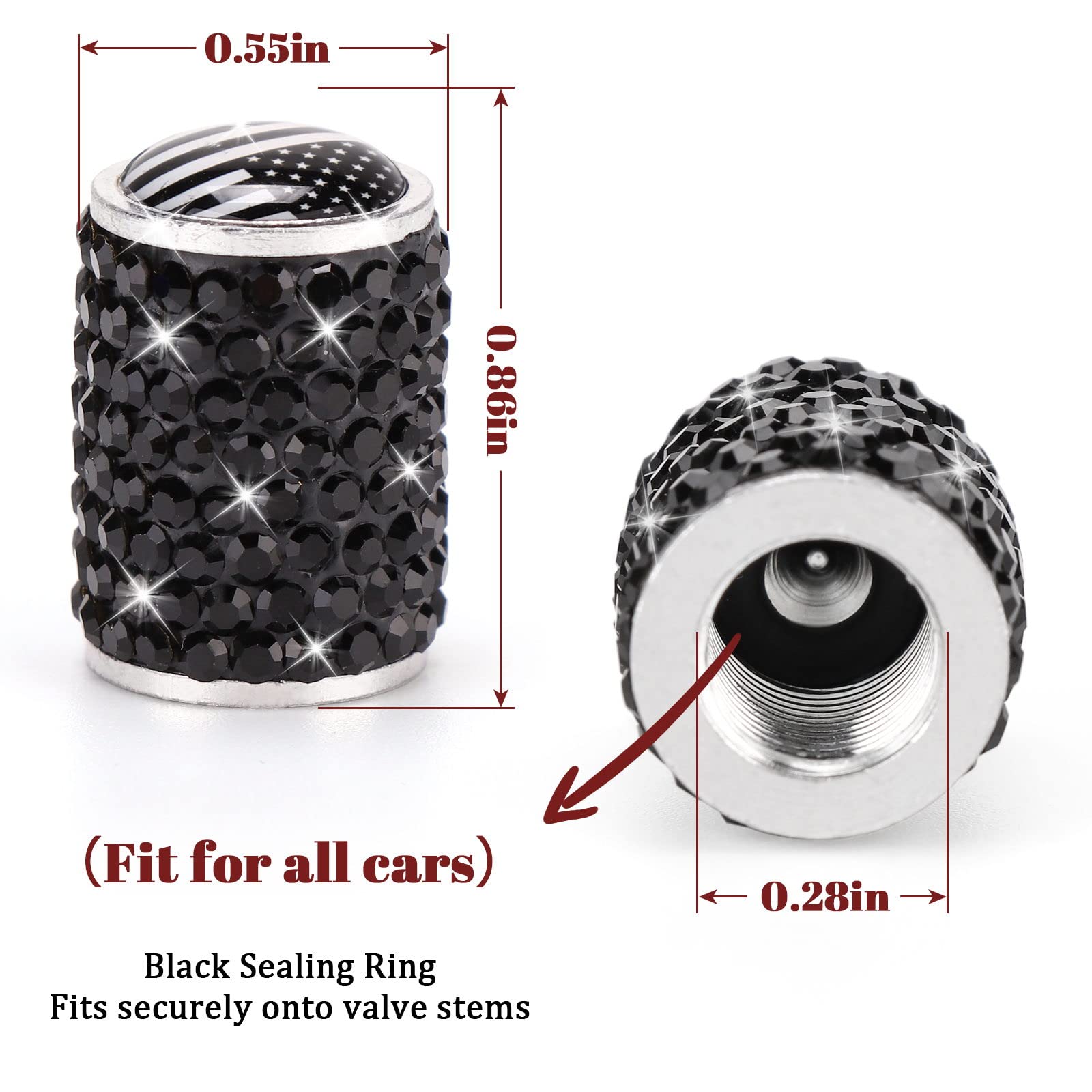 ToBeQueen Bling Black Flag Valve Stem Covers, 4 Pack Handmade Crystal Rhinestone Diamond Tire Caps Universal Dustprood Bling Fla
