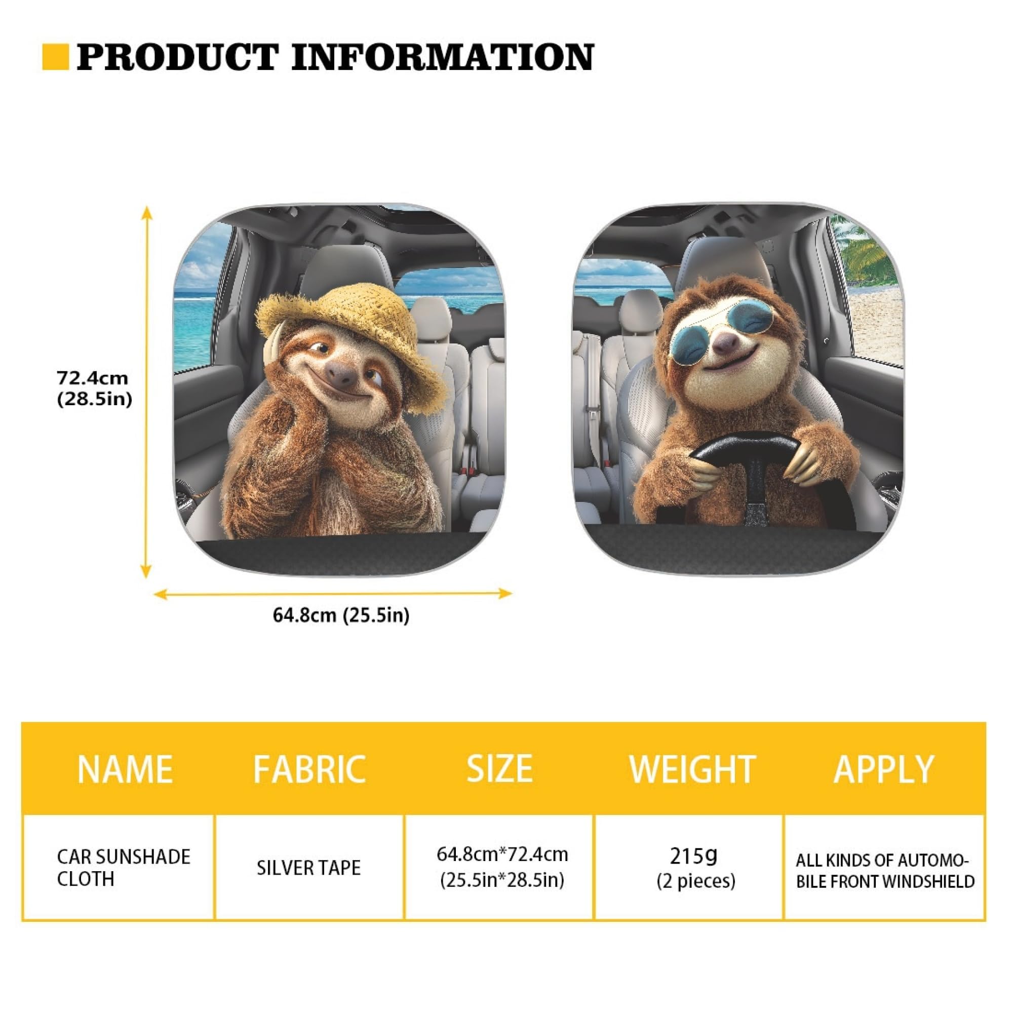 Huisefor Sloth Car Windshield Sunshade 2 Piece Funny Windshield Cover For Summer Heat Resistant Car Sun Visor For Suv Vehicle Se