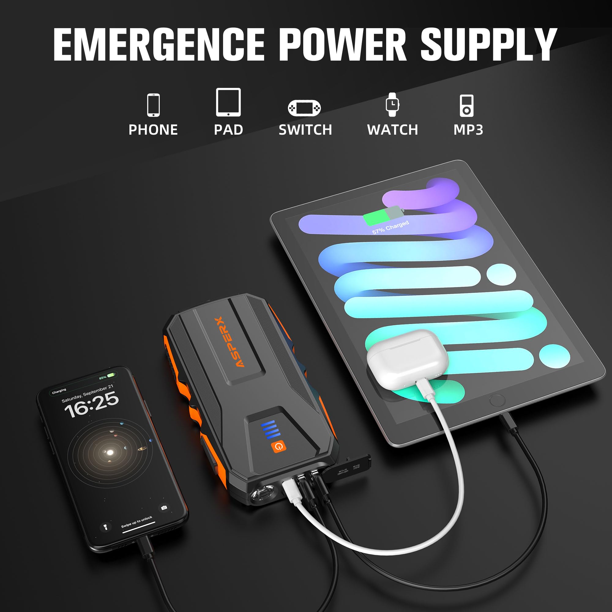 Asperx 3000A Jump Starter For Car Battery, 12V Portable Jump Box With Led Light & Smart Jumper Cables, Bms For Up To 10.0L Gas O