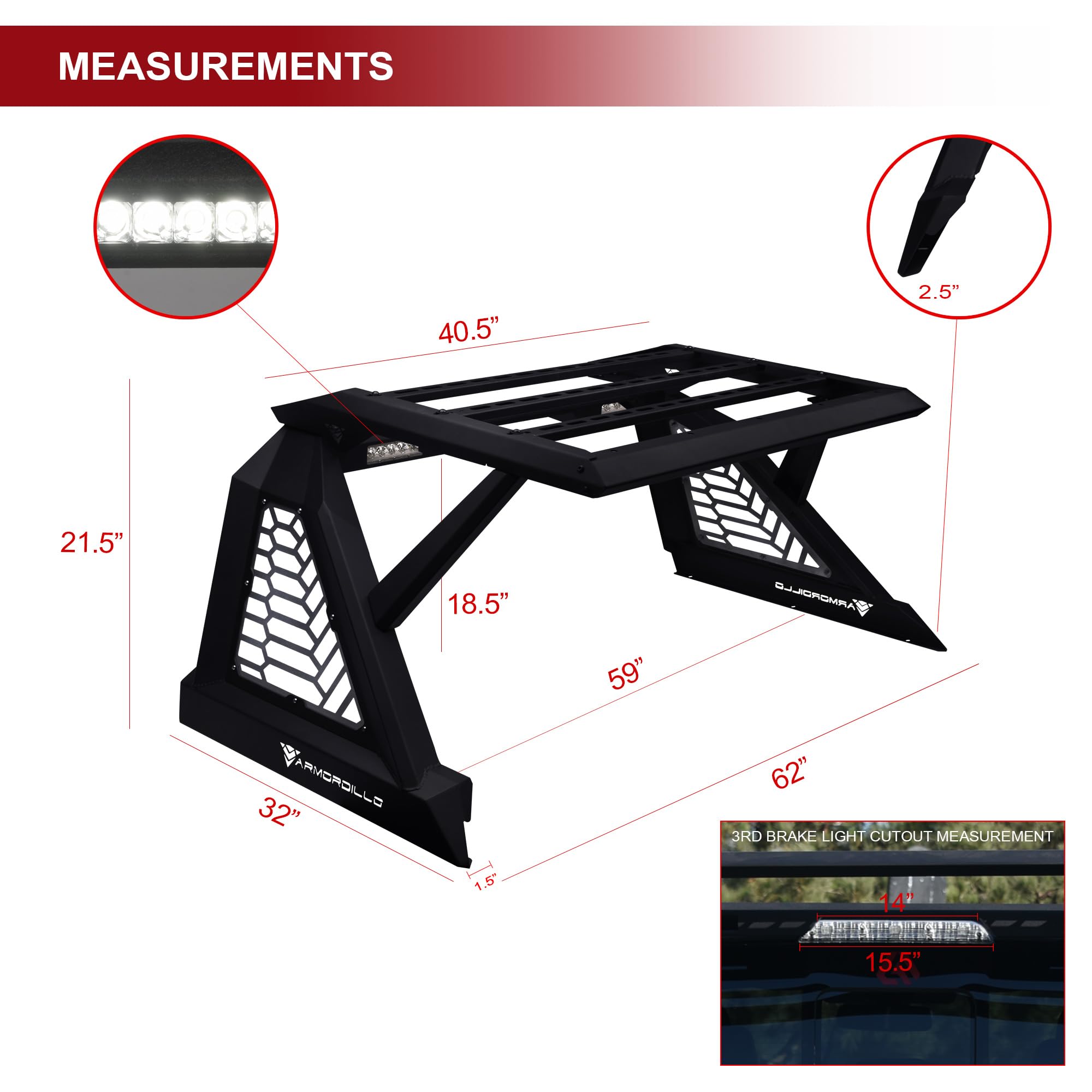 Armordillo Crx Roll Bar Chase Rack For Mid Size Pickup Trucks|With Cargo Basket|2X Led Light Lamps|Compatible 05-24 Tacoma|15-24 Colorado/Canyon|19-23 Ranger|05-24 Frontier|Cr-X 7161856 - Matte Black