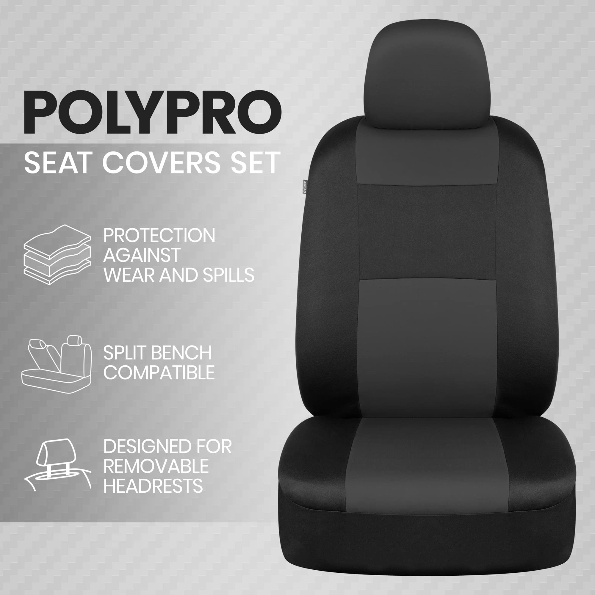 Bdk Polypro Car Seat Covers Full Set In Charcoal On Black – Front And Rear Split Bench For Cars, Easy To Install Cover Set, Accessories Auto Trucks Van Suv
