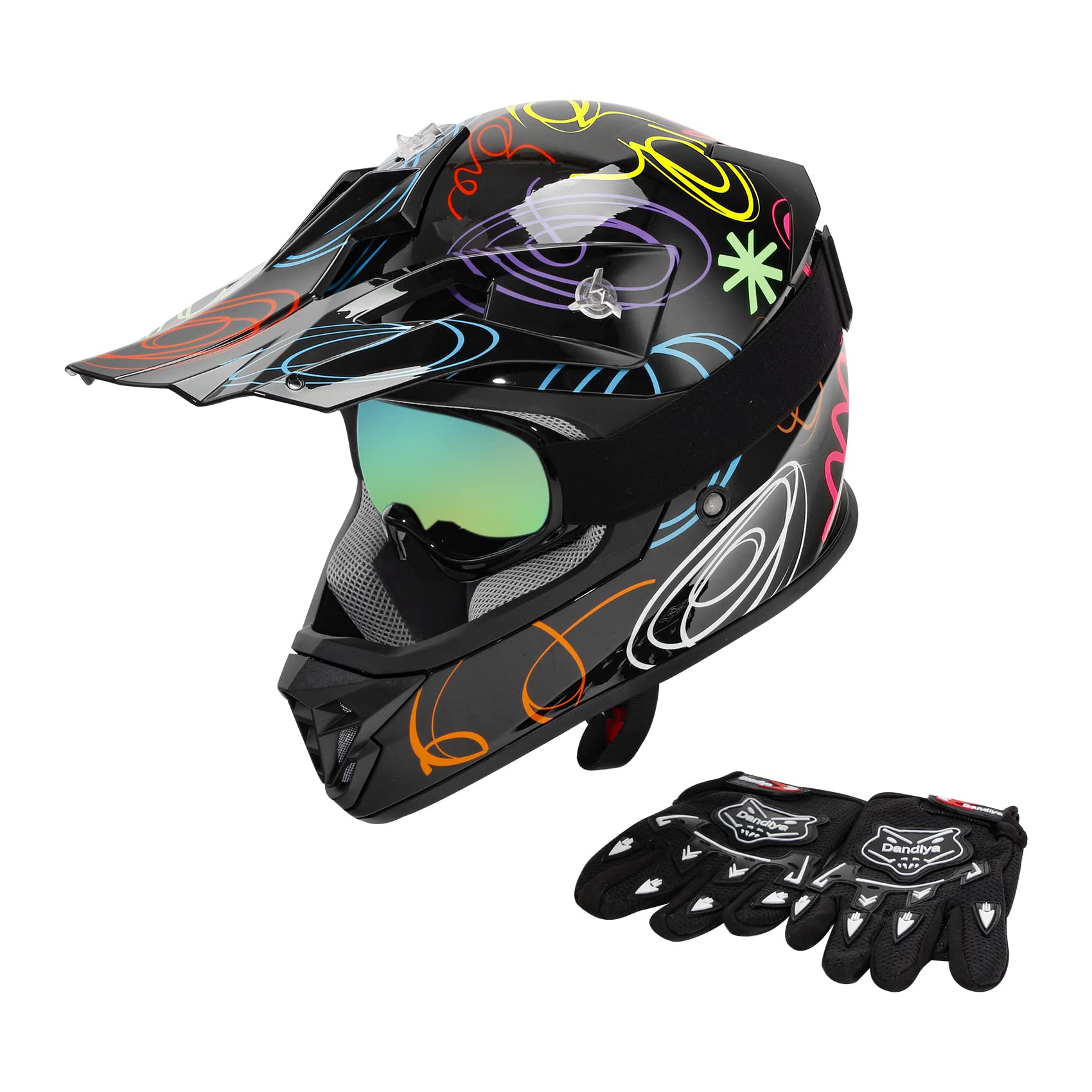 Xfmt Dot Youth Kids Motocross Offroad Street Dirt Bike Helmet Goggles Gloves Atv Mx Helmet, Graffiti