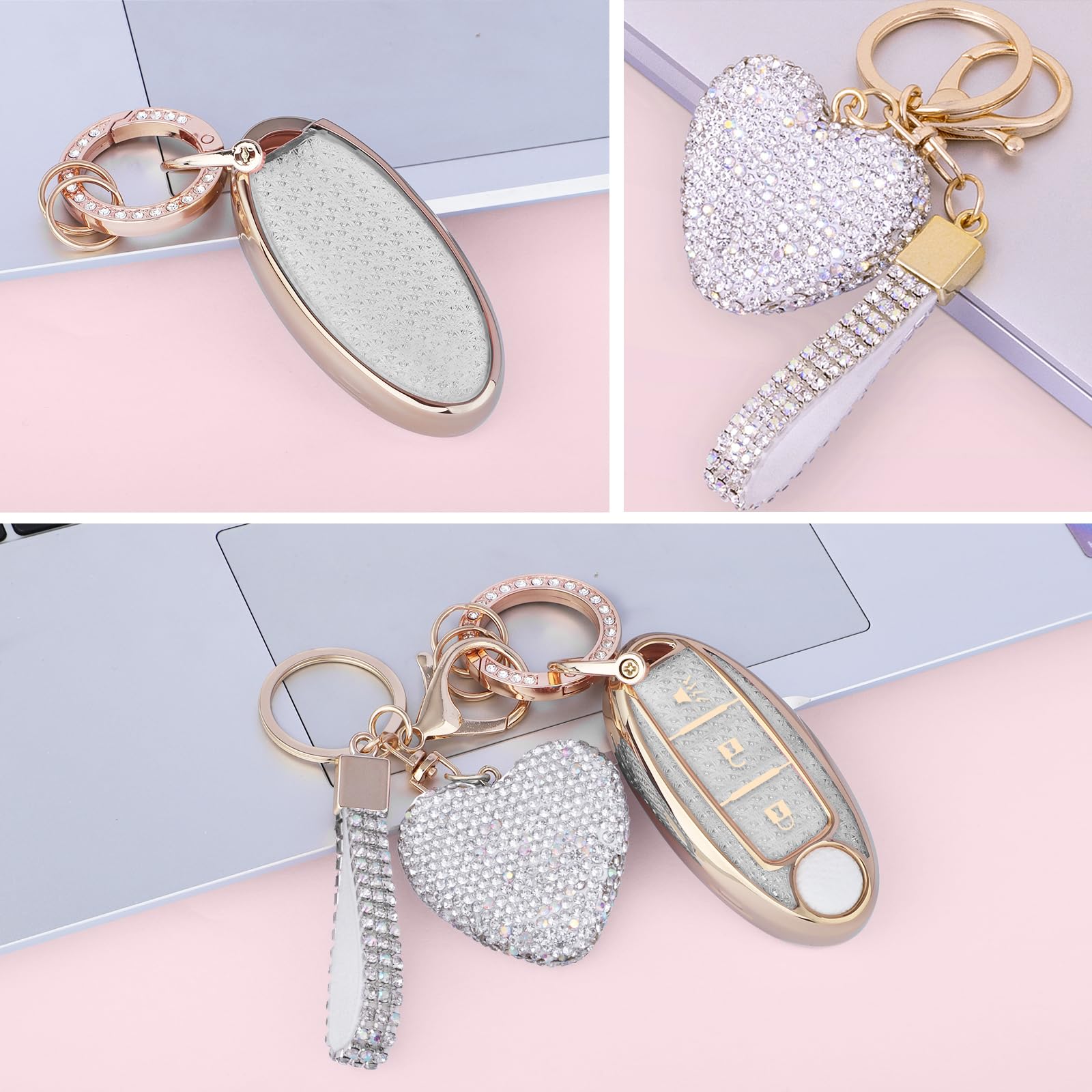 Meruns Compatiable with 3 Buttons Key fob Cover with Diamond Bling Keychain Keys Shell TPU for Rogue Armada Pathfinder Versa Sma