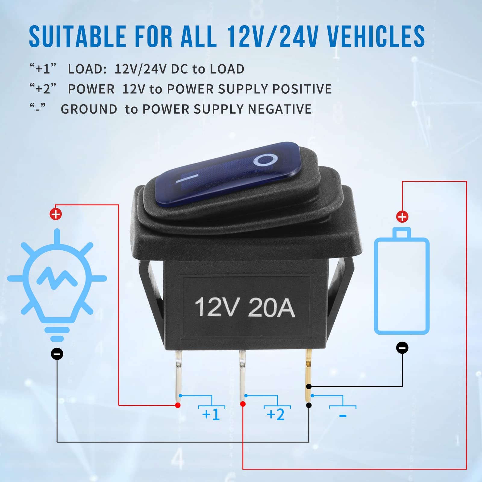 12v Rocker Switch Waterproof 5 PCS - 12 Volt Toggle Switch with 3 20cm Detachable Wires, SPST 3 Pin On Off Switches Snap-in Desi
