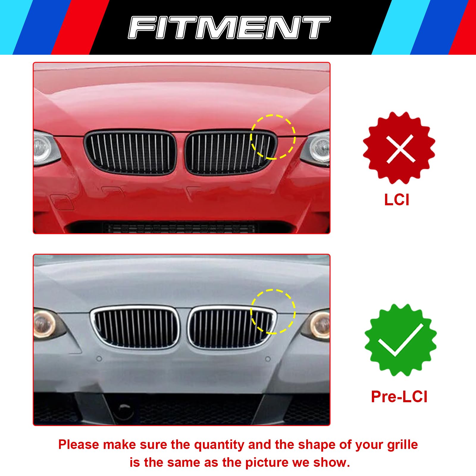 Xotic Tech 3Pcs Exact Fit M-Colored Sporty Grille Kidney Insert Trims Compatible With 2007-2010 Bmw 3 Series E92 E93 Pre-Lci 325