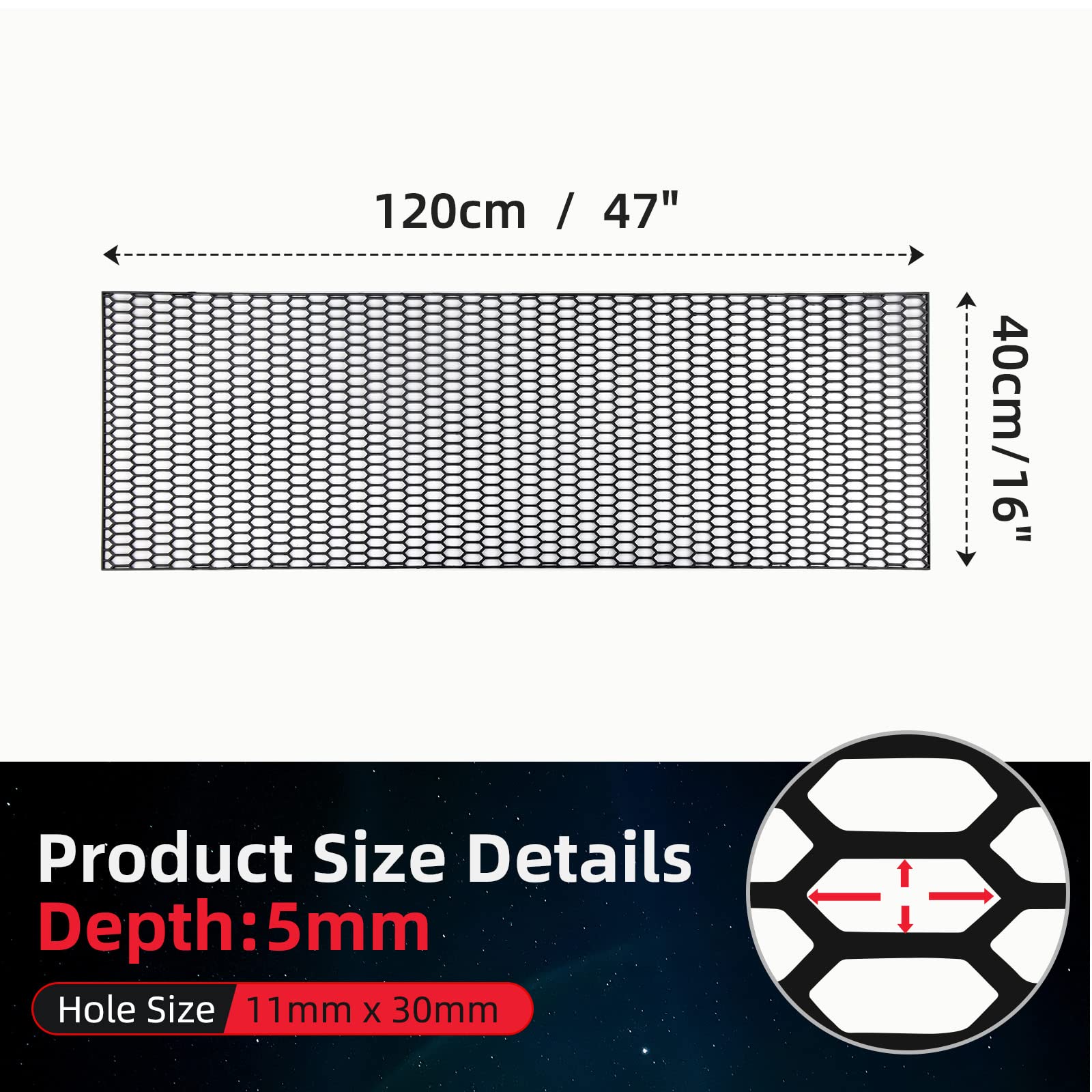 Aggauto 47'X16' Abs Plastic Universal Car Grill Mesh, Automotive Grille Insert Bumper Honeycomb Hole 11X30Mm Hex Grids Black