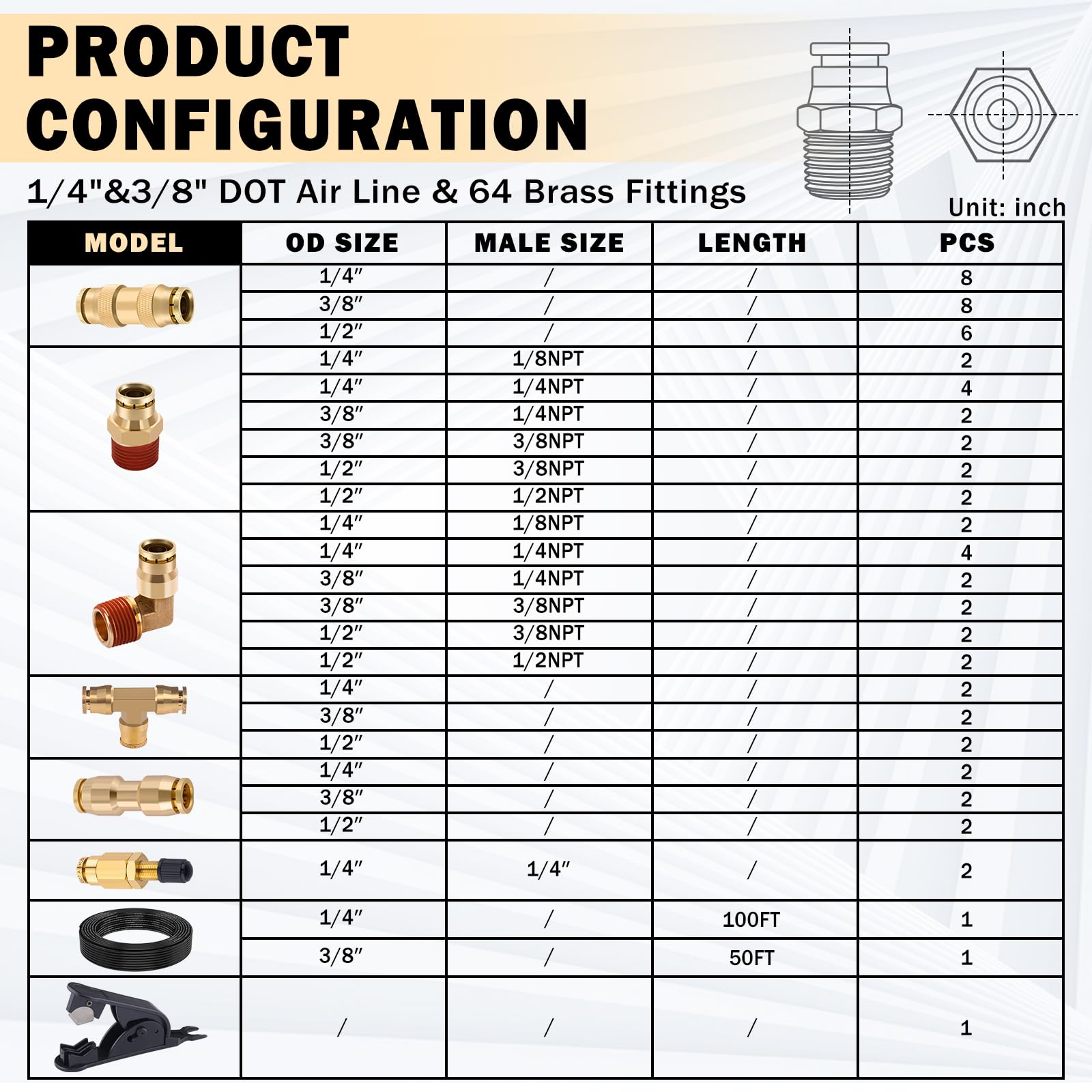 Cheemuii 64 Pcs Brass Dot Air Line Fittings With 100Ft 1/4 '' And 50Ft 3/8 '' Dot Air Line Kit Push Lock Quick Connect & Npt Thr