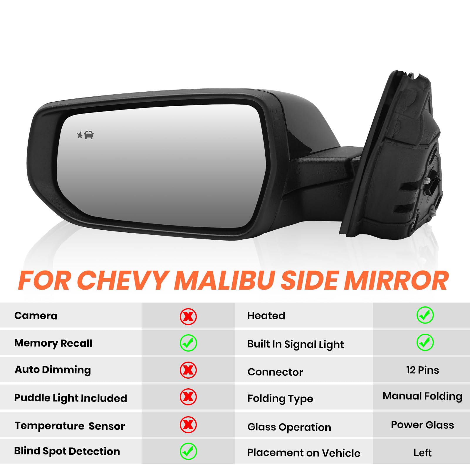 Mofoap Driver Side View Mirror Compatible With Chevy Malibu 2016 2017 2018 2019 2020 2021 2022,Mirrors With Blind Spot Detection