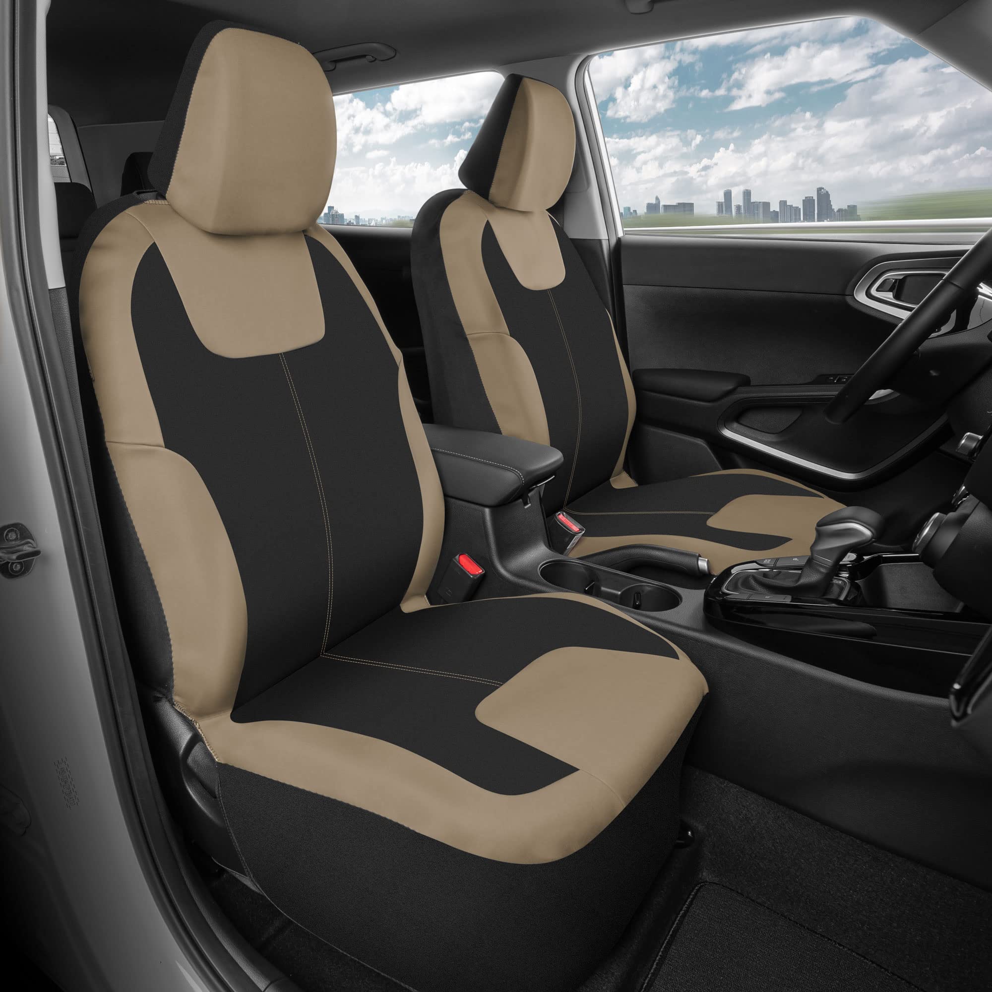 Motor Trend Beige Waterproof Seat Covers For Front Seats - Premium Neoprene Car Seat Protectors With Removable Headrest For Auto