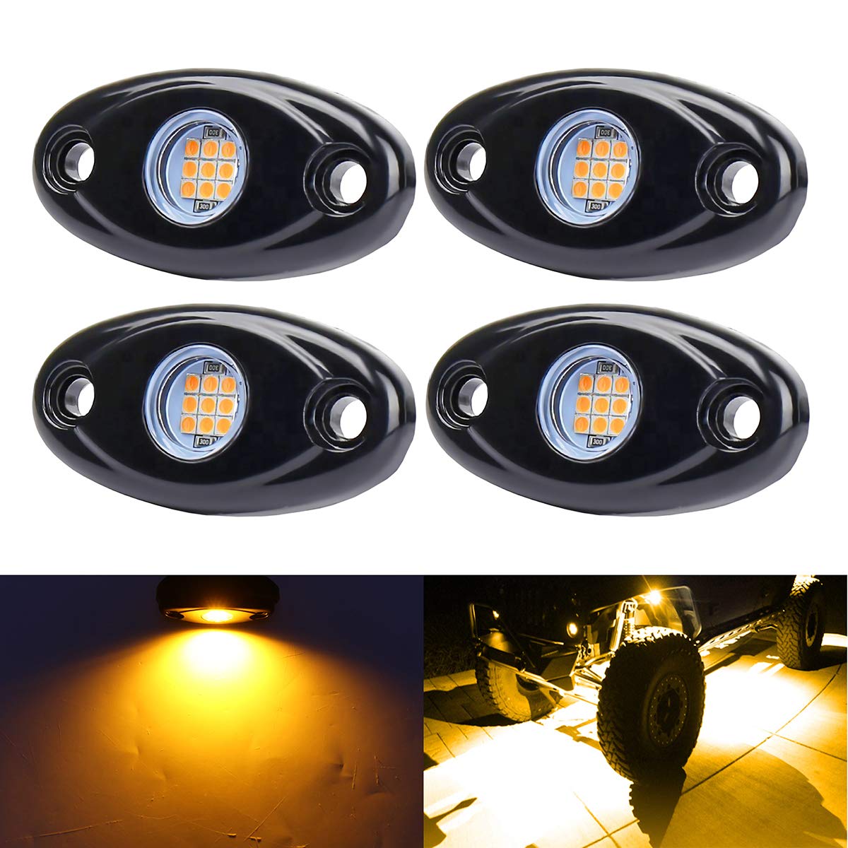 Yellow Led Rock Lights, 4 Pods Neon 12V Waterproof Underglow Underbody Kit Crawler Crawling Dome Exterior Wheel Lights For Atv R