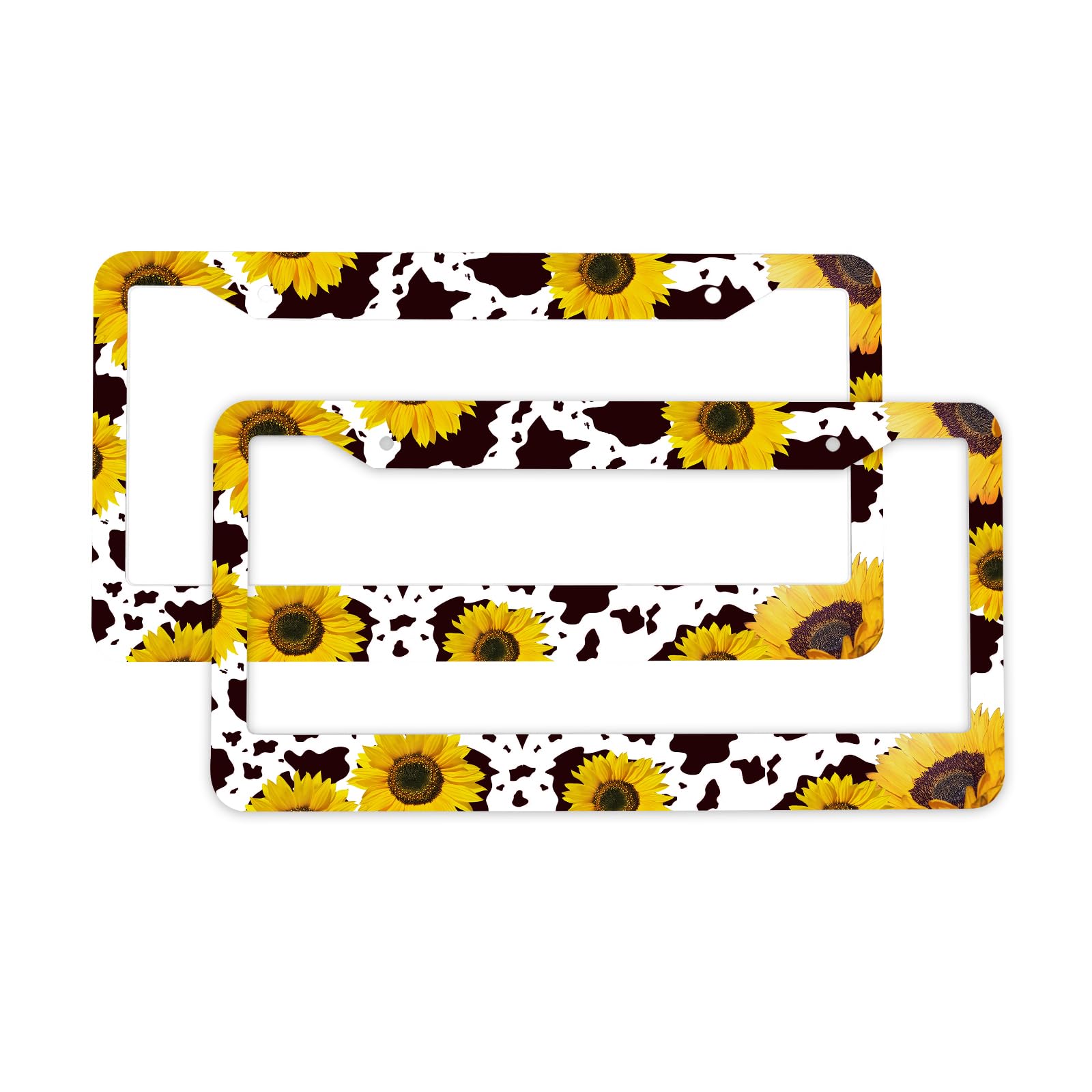 2 Pcs Sunflower Cow Print License Plate Frame Brown Cow Patten Car Tag Frame License Plate Holder Auto Tags Cover 2 Holes Screws