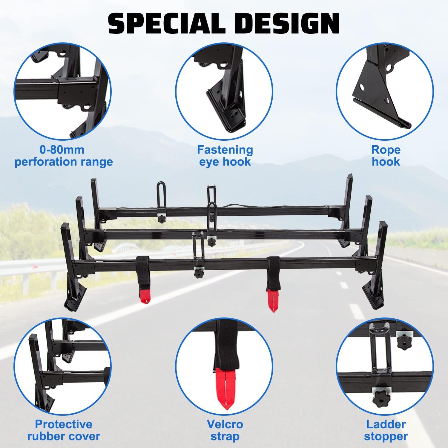 Ecotric Van Ladder Racks 3 Bar Roof Racks 59 Inches Compatible With 1996-Up Chevy Express Fullsize 800 Lbs Capacity Steel Black