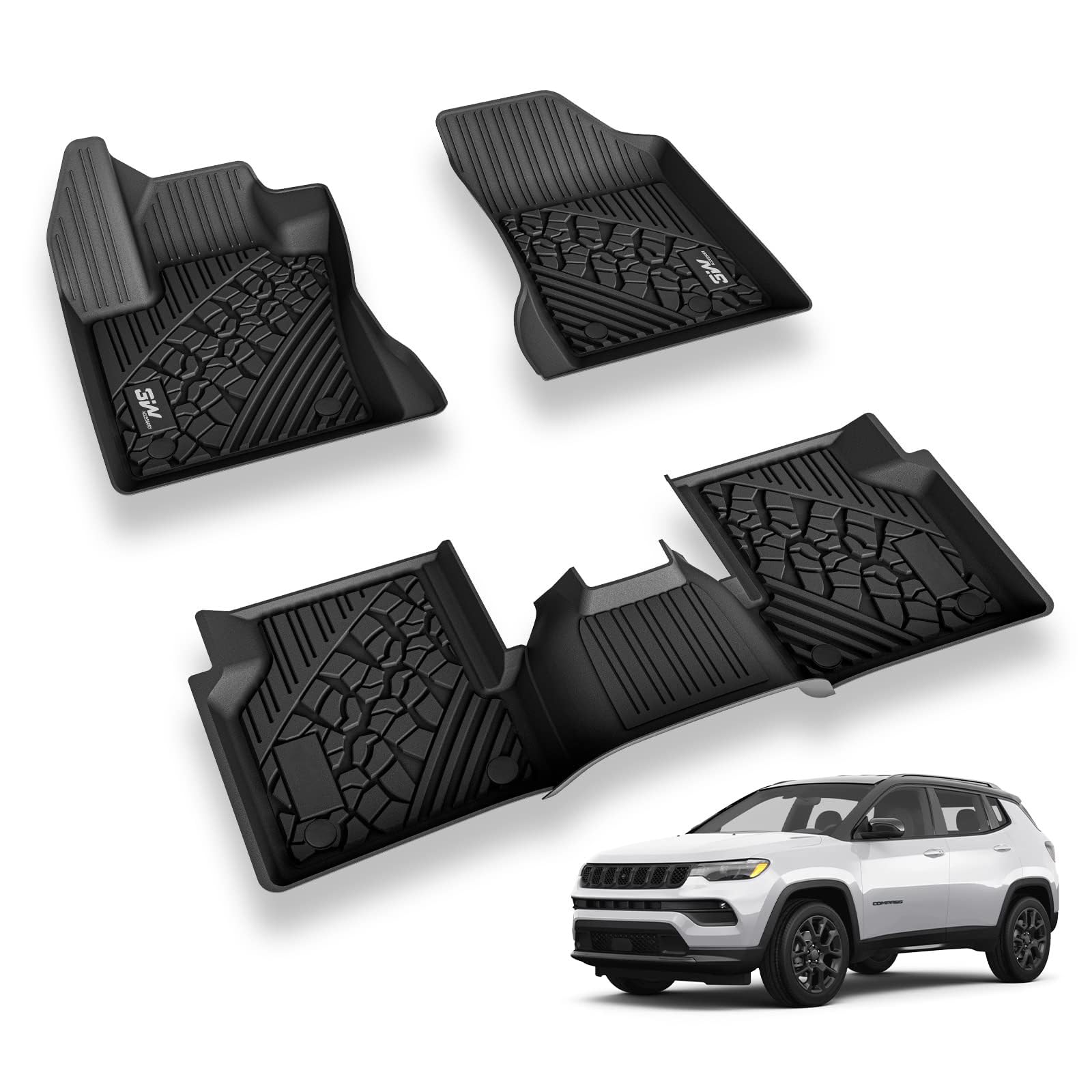 3W Floor Mats Fit For 2017-2025 Jeep Compass, Tpe All Weather Custom Fit First And Second Rows Full Set Car Mats, Black