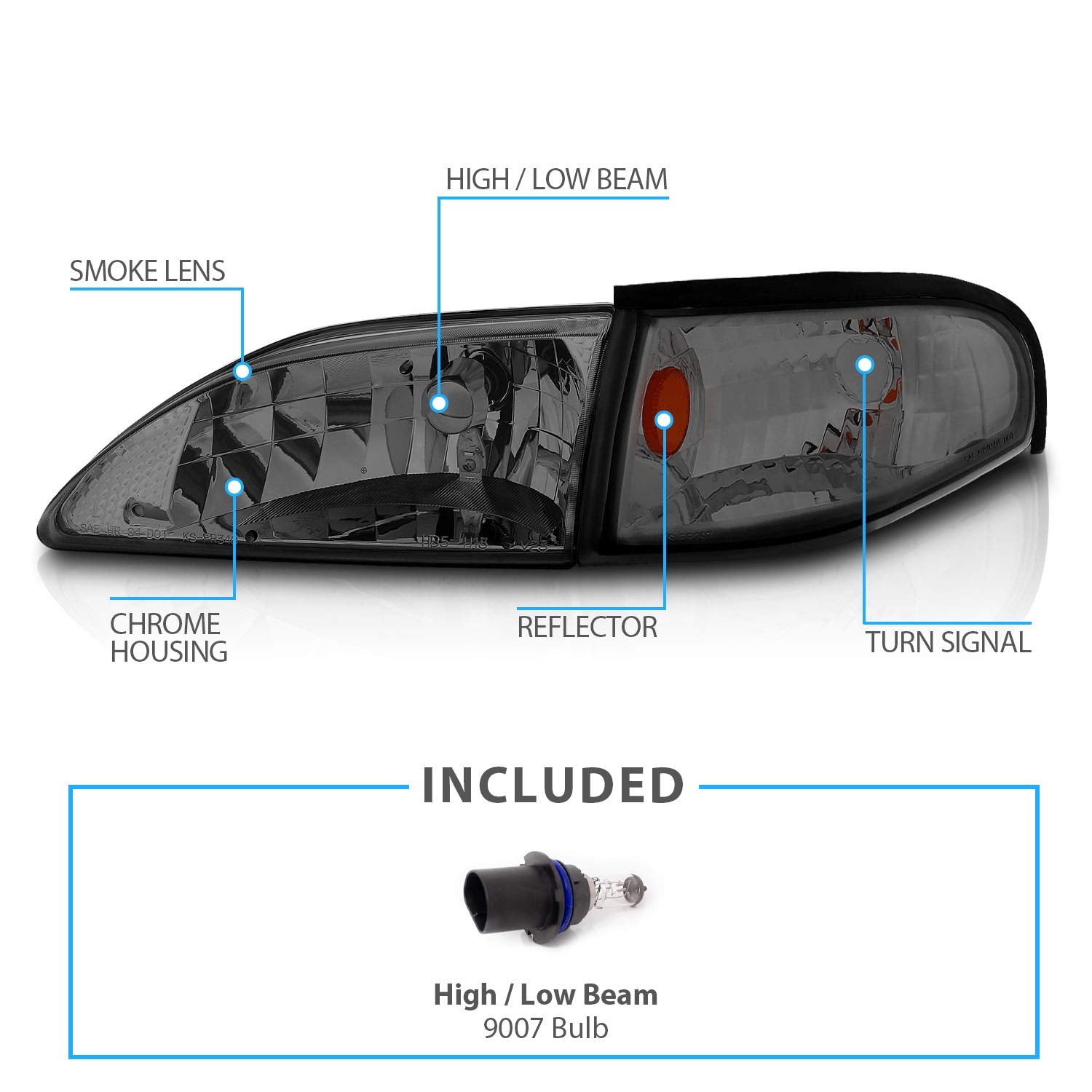 Amerilite Smoke Replacement Headlights Corner Turn Signal Set For 94-98 Ford Mustang - Passenger And Driver Side