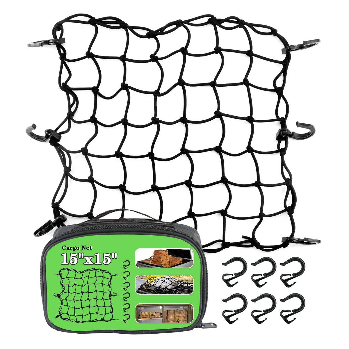 15''X15'' Universal Truck Bed Net Black Latex Bungee Cargo Net Extends To 30''X30'' With 6 Adjustable Hooks & Tight 2''X2'' Mesh