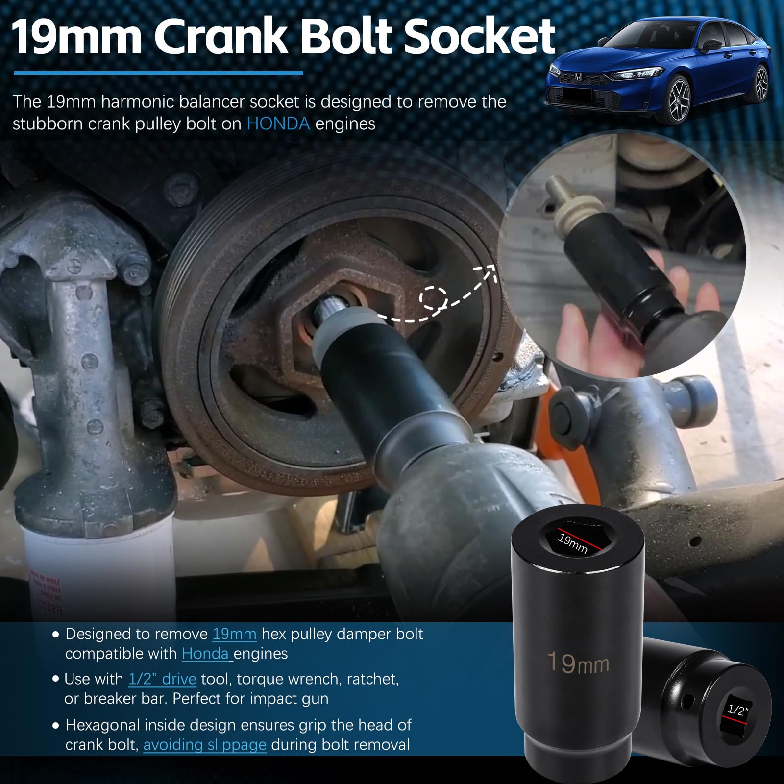 Harmonic Balancer Socket Tool 77080 For Honda 19Mm Crank Bolt Socket, 3 Times Momentum Power Of Standard Impact Sockets, Deep Co