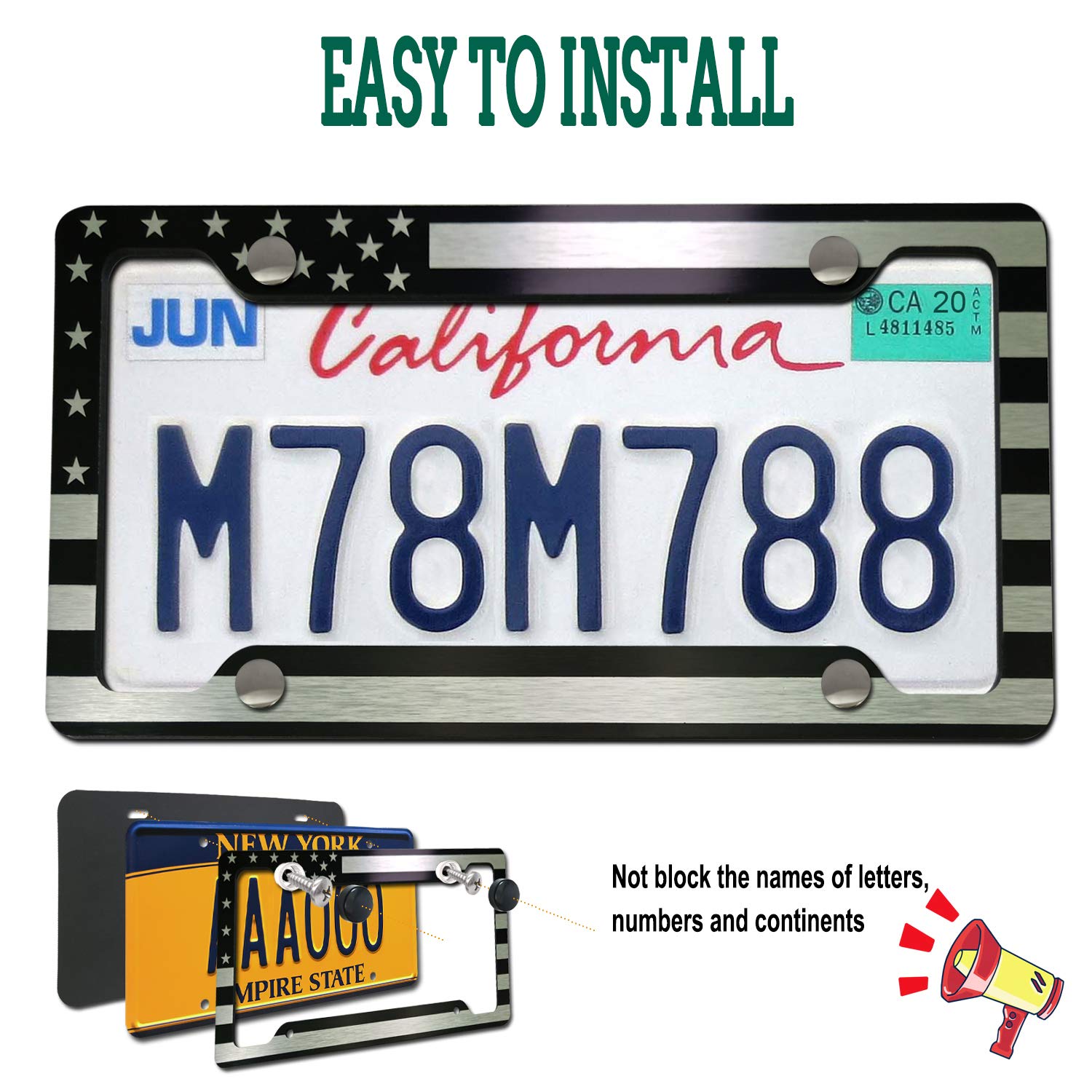 Fbjtdq Flag License Plate Frame- Usa Patriotic Personalized Car Tag Holder, 4 Hole Black Heavy-Duty Aluminum Bracket, Novelty Th