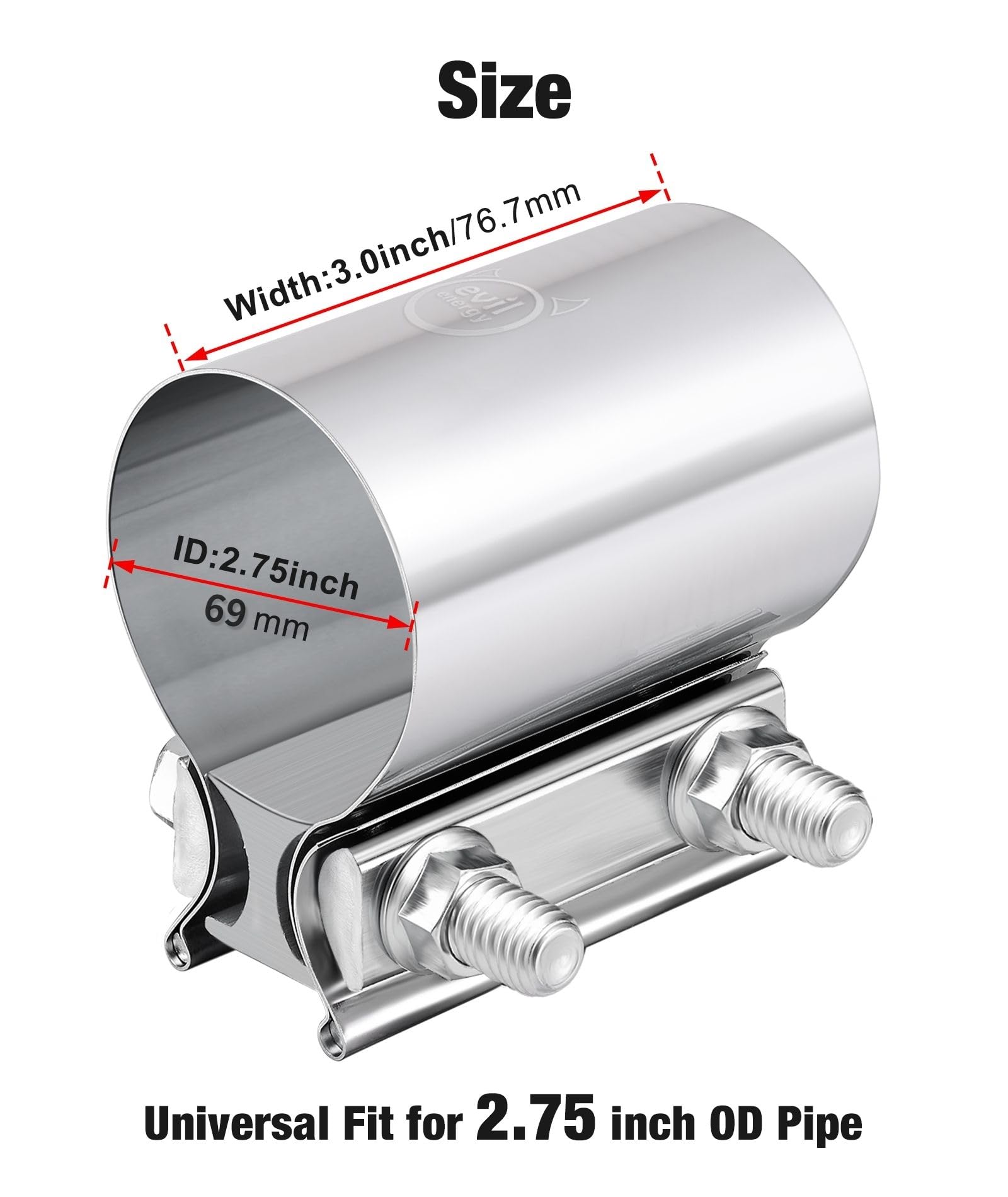 Evil Energy 2.75 Inch Exhaust Clamp,2 3/4 '' Butt Joint Band Clamp Sleeve Coupler Stainless Steel For Pipes,Mufflers,Catalytic C