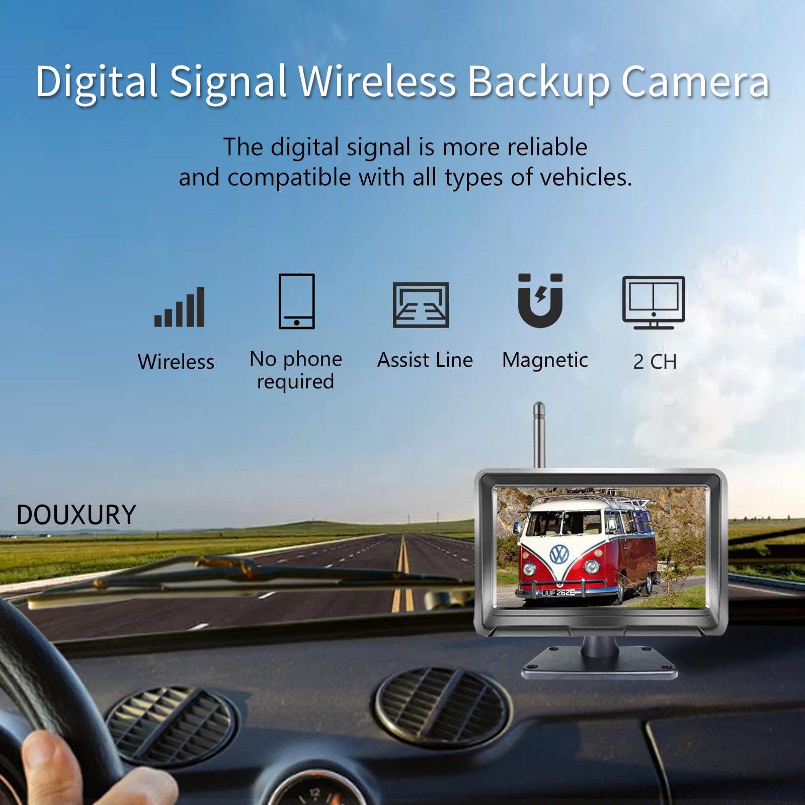 DOUXURY Wireless Backup Camera - Solar Magnetic, 1080P HD, 5" Monitor, Night Vision, Rechargeable, for Car RV Truck, Black, 2025 Model