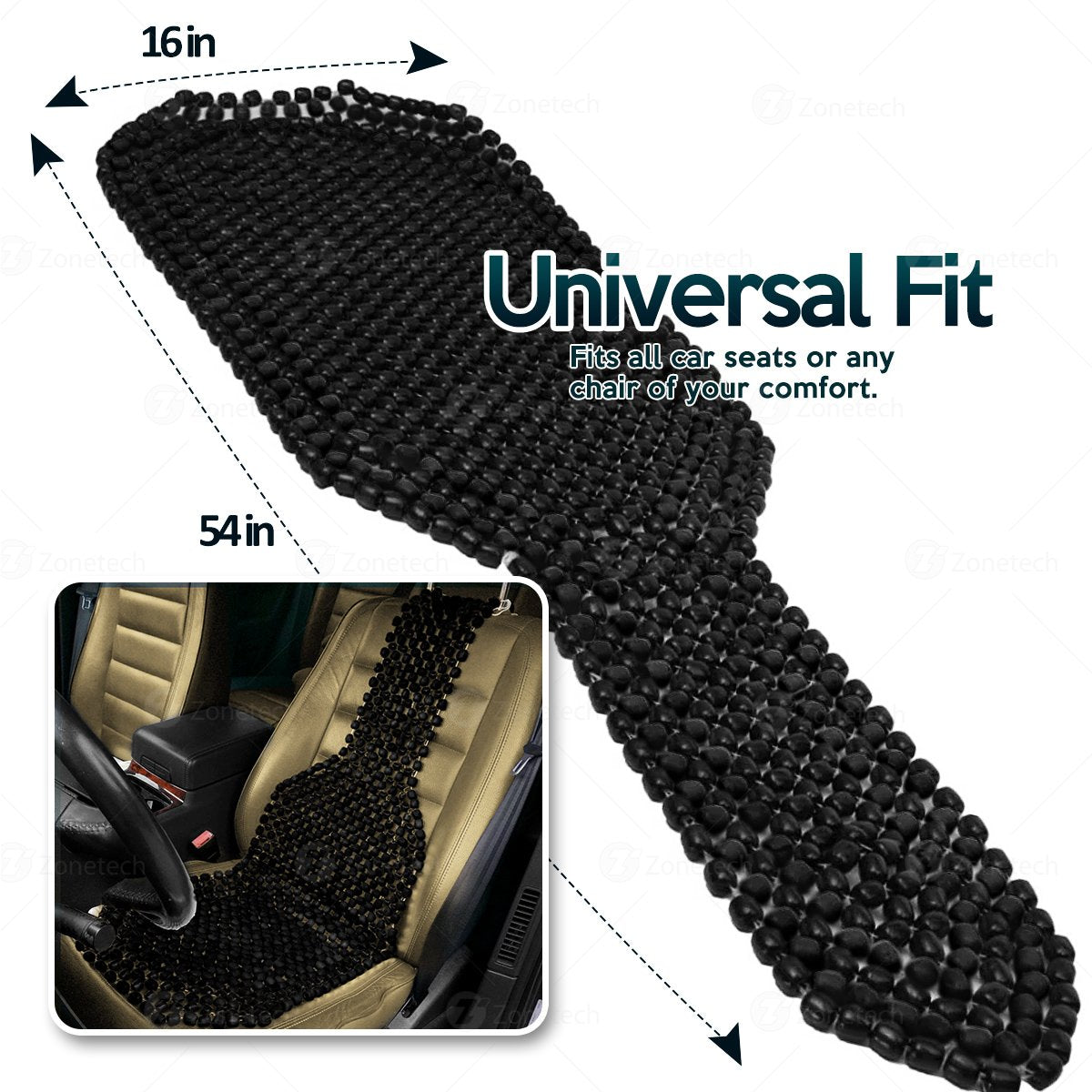 Zonetech Wood Beaded Seat Cushion, Premium Quality, Black, Car Massaging, Double Strung, Stress Free (1 Pack)