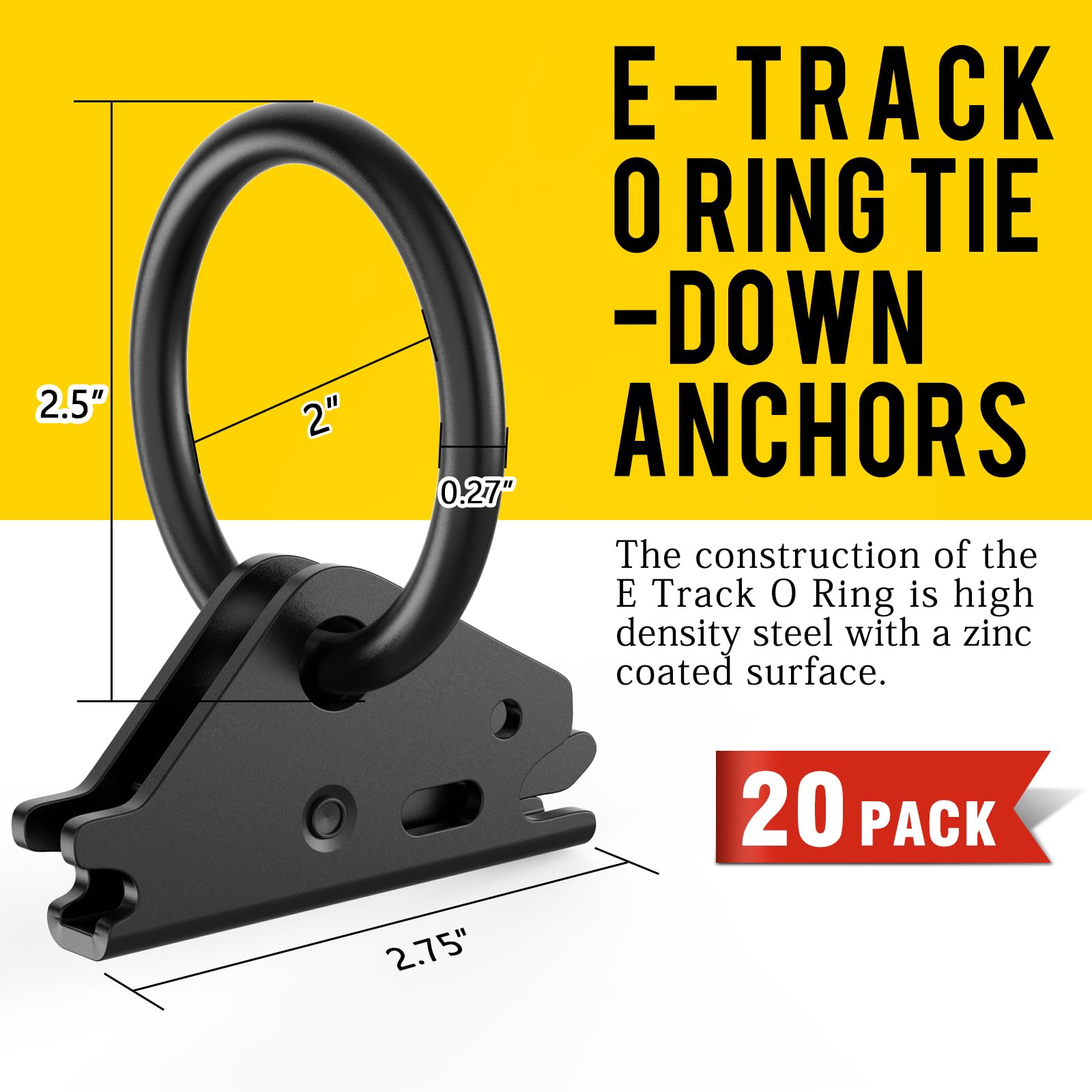 Eapele 20Pcs Steel E-Track O Ring Tie-Down Anchors, Secure Cargo In Enclosed/Flatbed Trailers, Trucks, Load Limit Of 1500Lb(Blac