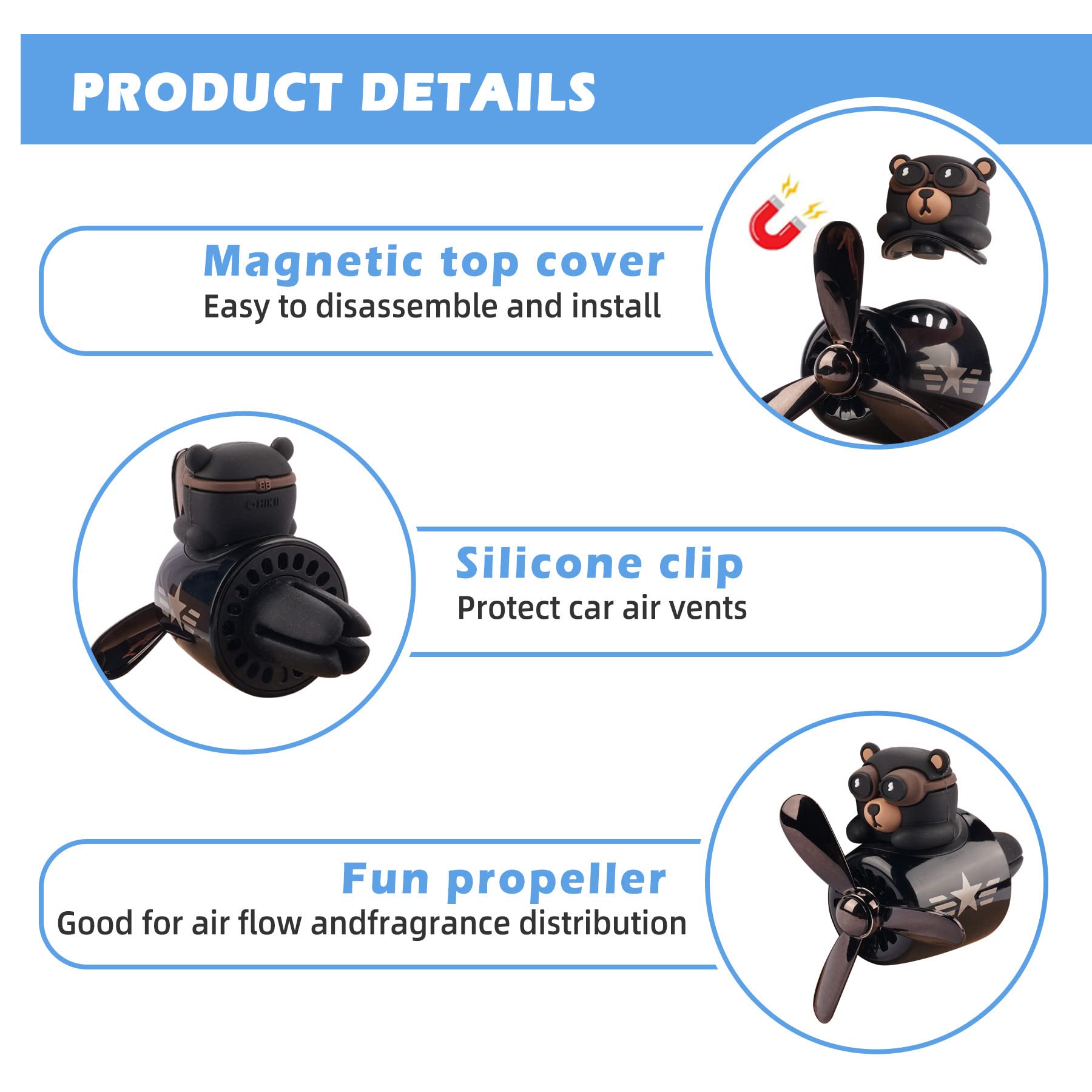 Jimtyee Car Air Freshener Cute Cartoon Bear Pilot Car Diffuser Rotating Propeller Automotive Air Outlet Fan Creative Car Perfume