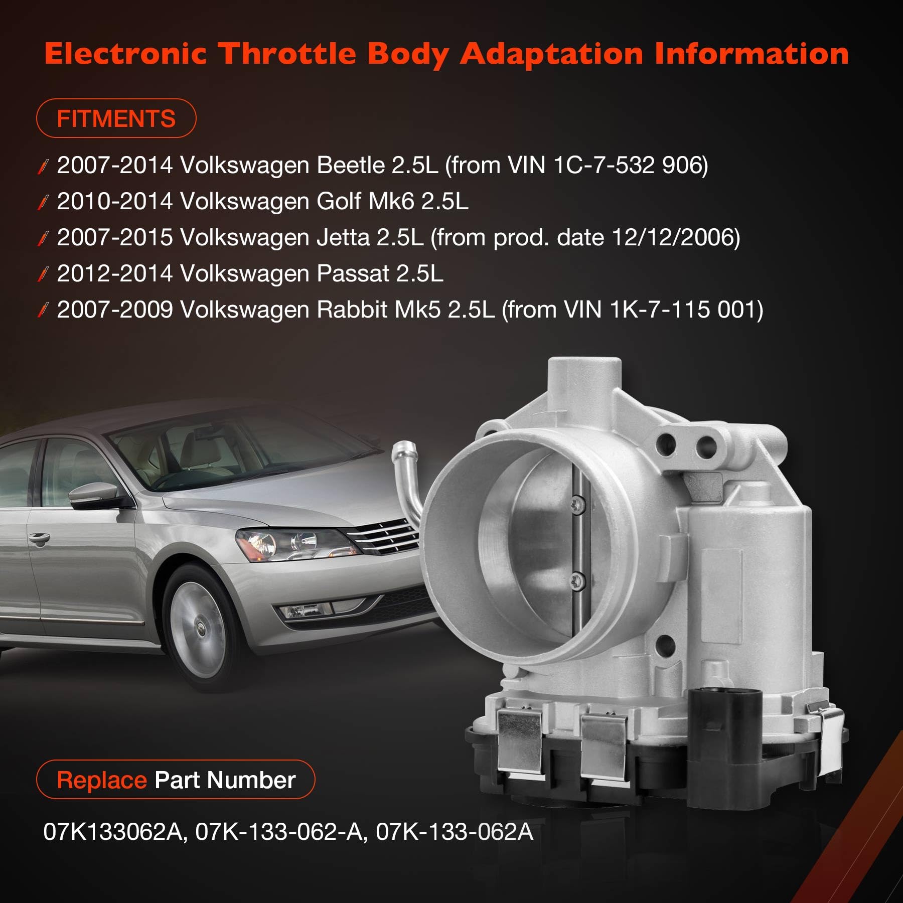 Throttle Body Assembly | For 2007-2015 Vw Volkswagen Beetle Golf Jetta Passat Rabbit 2.5L | Replace# 07K133062A, 07K-133-062-A, 07K-133-062A
