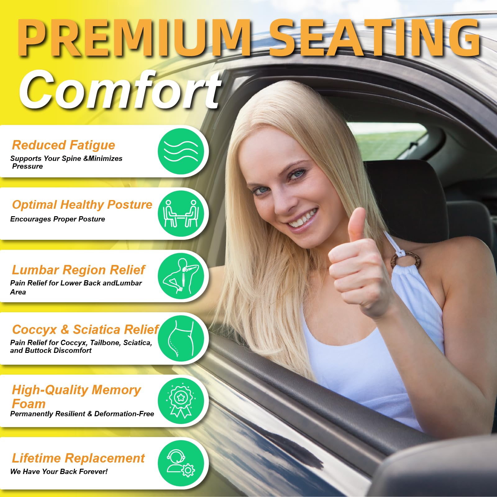 Kingphenix Car Seat Cushion With Lumbar Support Pillow: Enhanced Comfort Memory Foam Design For Pain Relief, Ideal For Drivers A