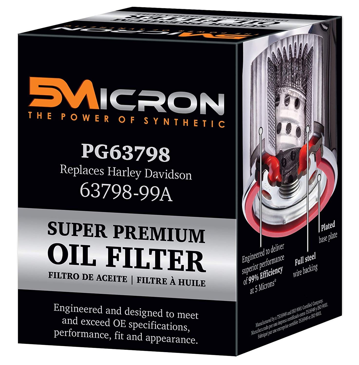 5Micron PG63798 Full Synthetic Oil Filter | Fits 99'-Newer Harley Davidson Twin Cam and Evolution. models (except '08-later XR models) (Pack of 6)