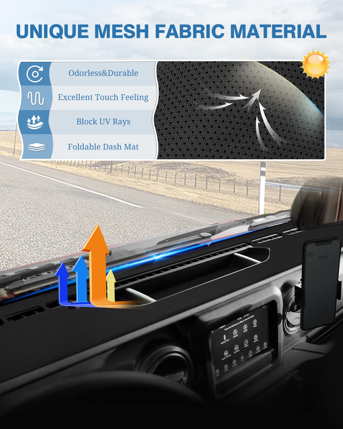 Fiilines Dash Cover Compatible With 2020-2023 Jeep Gladiator Jt Dashboard Cover Mat For Gladiator Accessories Mesh Dash Mat Non-