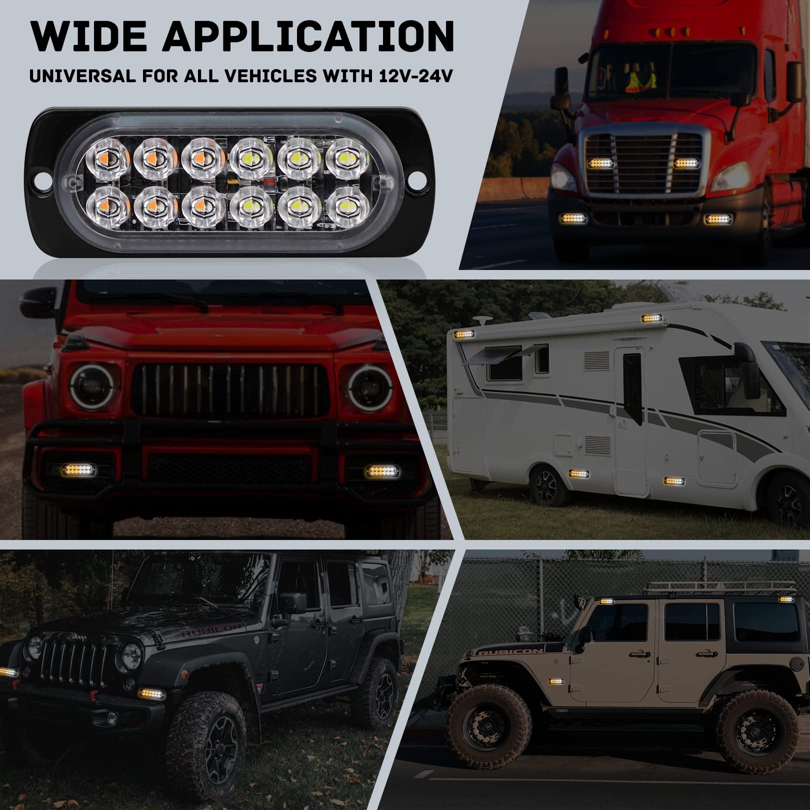 4-Pack 12 Led Amber Strobe Lights Vehicles Trucks Emergency Strobe Lights Kit 12V -24V Warning Hazard Flash Strobe Lights Bar Gr