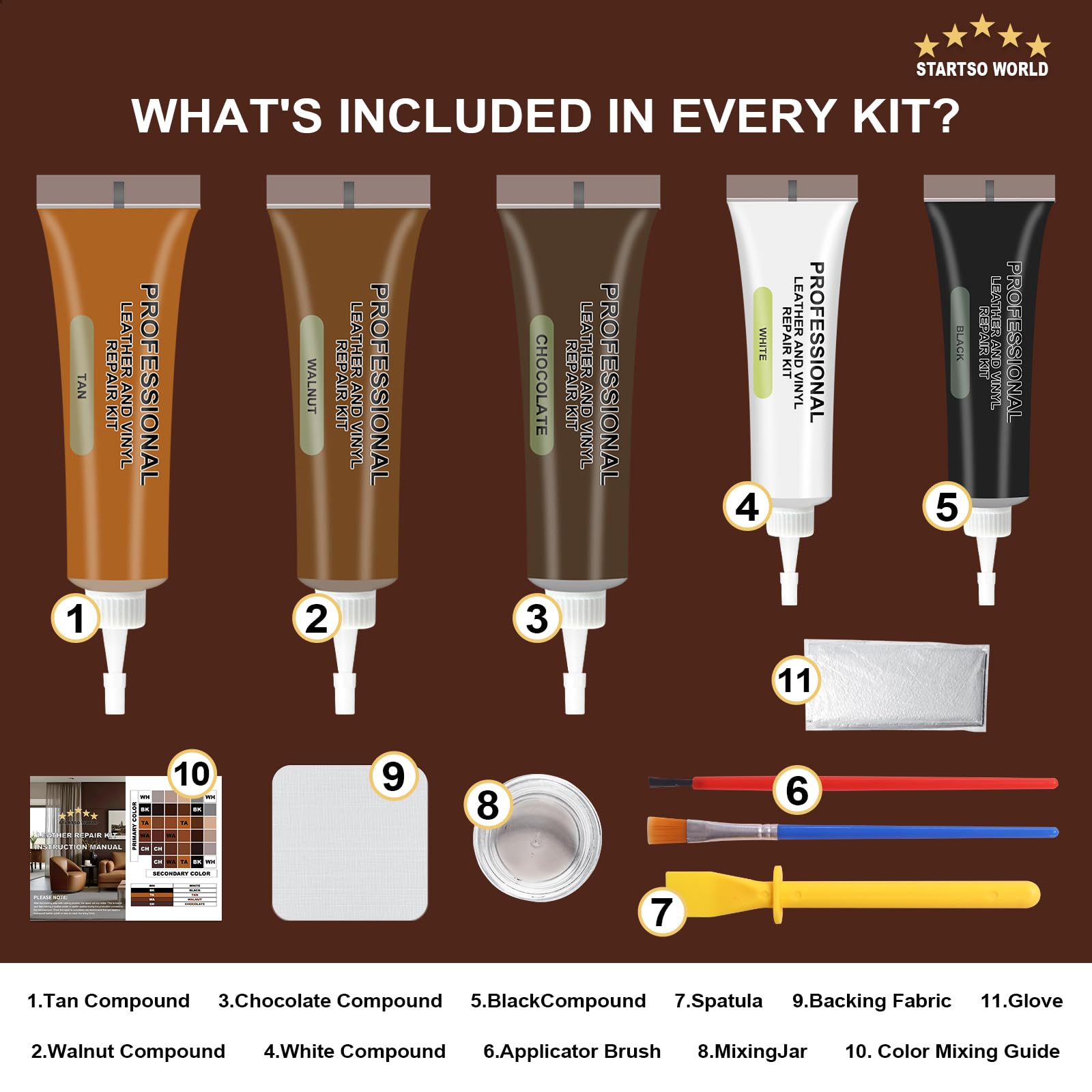 Startso World Brown Leather & Vinyl Repair Kit For Furniture, Couches, Car Seats, Sofas, Boat Seats, Jackets With Easy Instructi