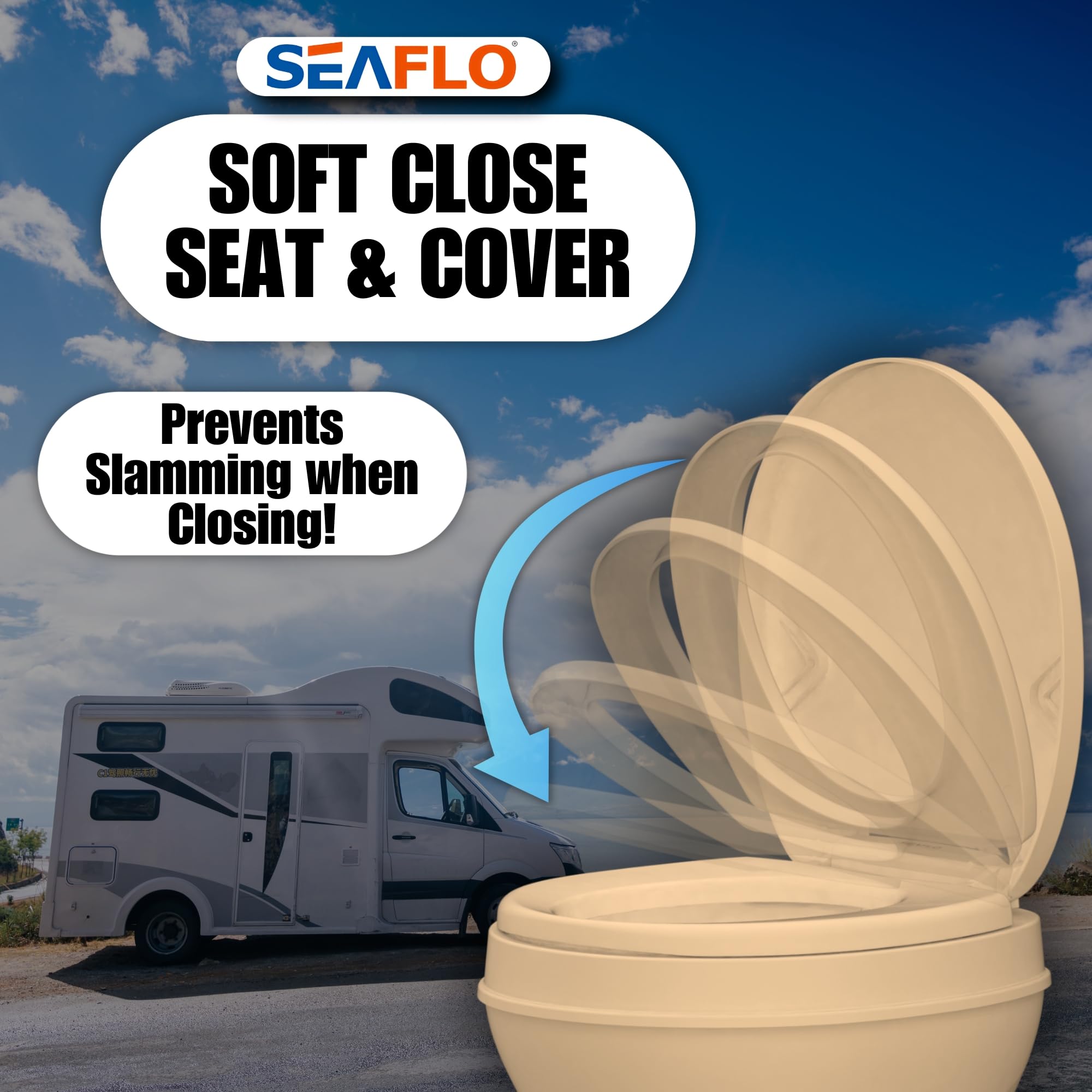 Seaflo Rv Toilet - Standard Height, Gravity Flush, Foot Pedal, Soft Close Lid (Bone Color)