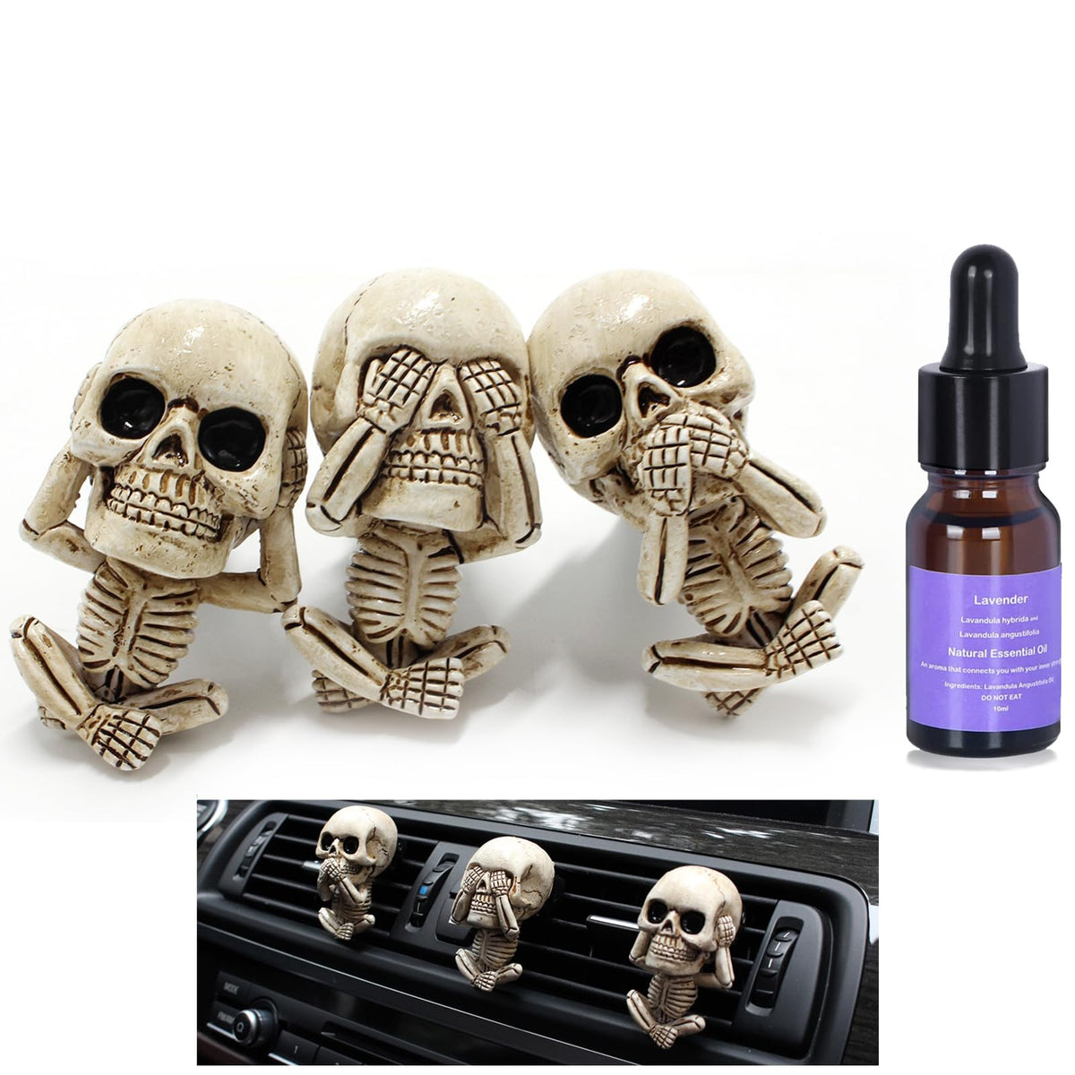 Skull Car Air Fresheners Vent Clips With 10 Ml Pure Lavender Essential Oil, Cute Skeleton Car Decor Accessories, Automotive Stuf