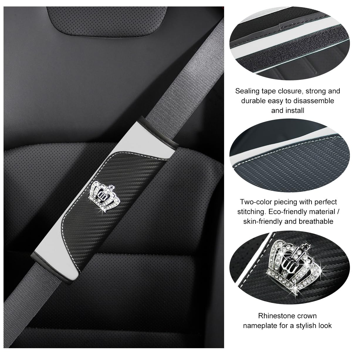 Ziciner 2 PCS Car Seat Belt Cover, Soft Leather Safety Belt Shoulder Strap Covers with Bling Rhinestone Crown, Breathable Harnes