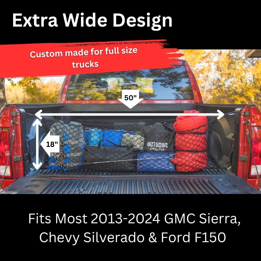 Truck Bed Cargo Net - 50''X18'' - Envelope Style Truck Bed Netting For Cargo - Heavy Duty Pickup And Suv Organizer For Groceries
