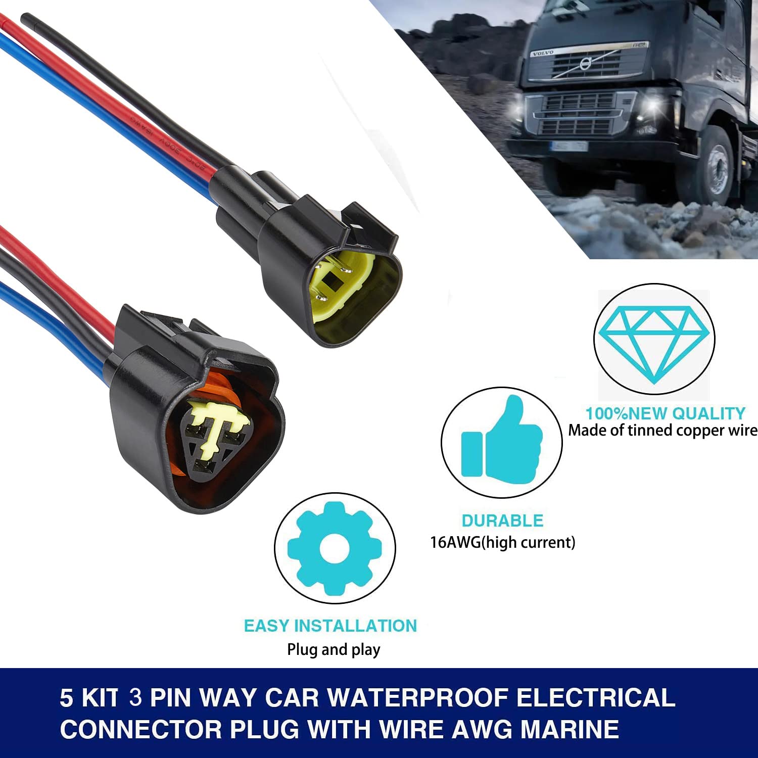 Zhofonet 3 Pin Waterproof Connectors,16Awg Waterproof Electrical Car Auto Wire Connector,Male Female Quick Disconnect Wire Conne