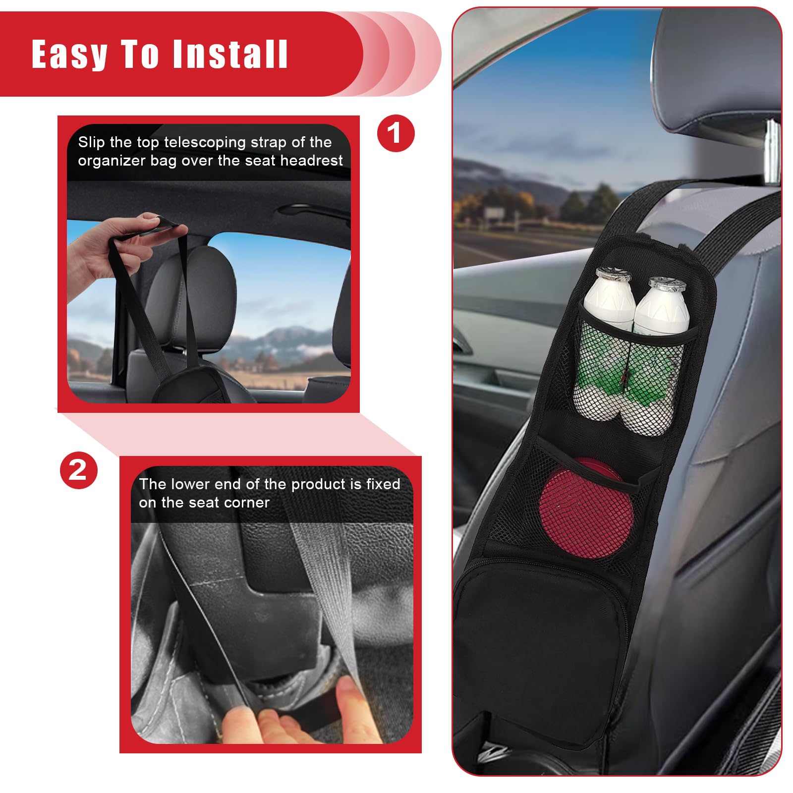 Quicto 2Pcs Car Seat Storage Hanging Bag, Multi-Pocket Seat Side Organizer, Multifunctional Mesh Net Pocket, Can Hold Mobile Pho