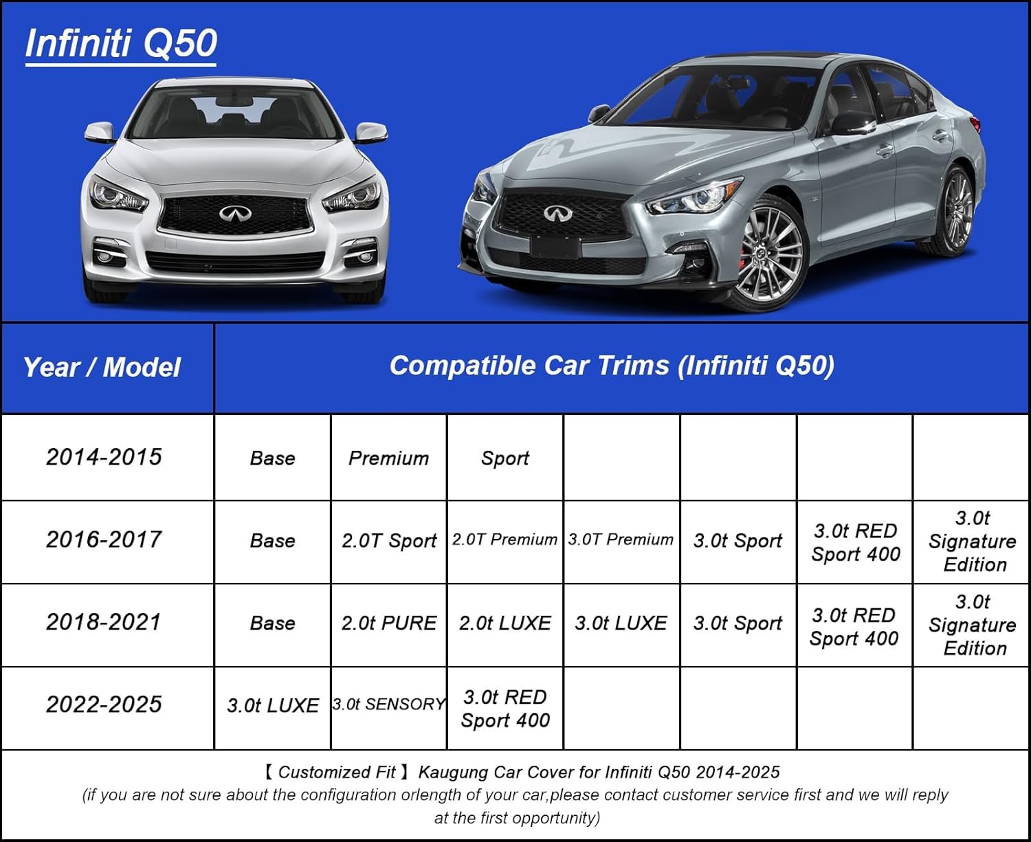 Car Cover Waterproof Custom Fit Infiniti Q50 (2013-2025), Full Exterior Cover for Automobiles Lightweight Resistant Outdoor Sun