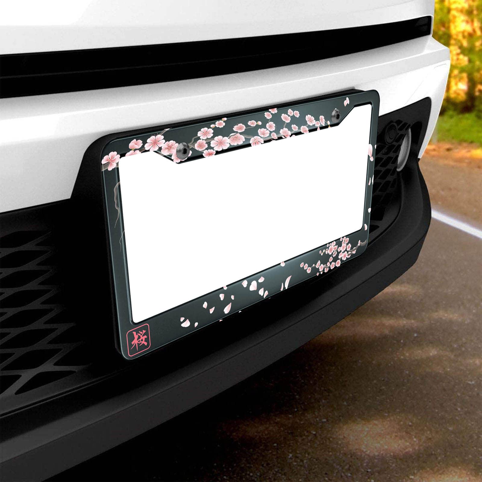 Hosnye Japan Cherry Branch License Plate Frame Blooming Flowers Hieroglyph Metal License Plate Cover Front Plates Frames Car Tag