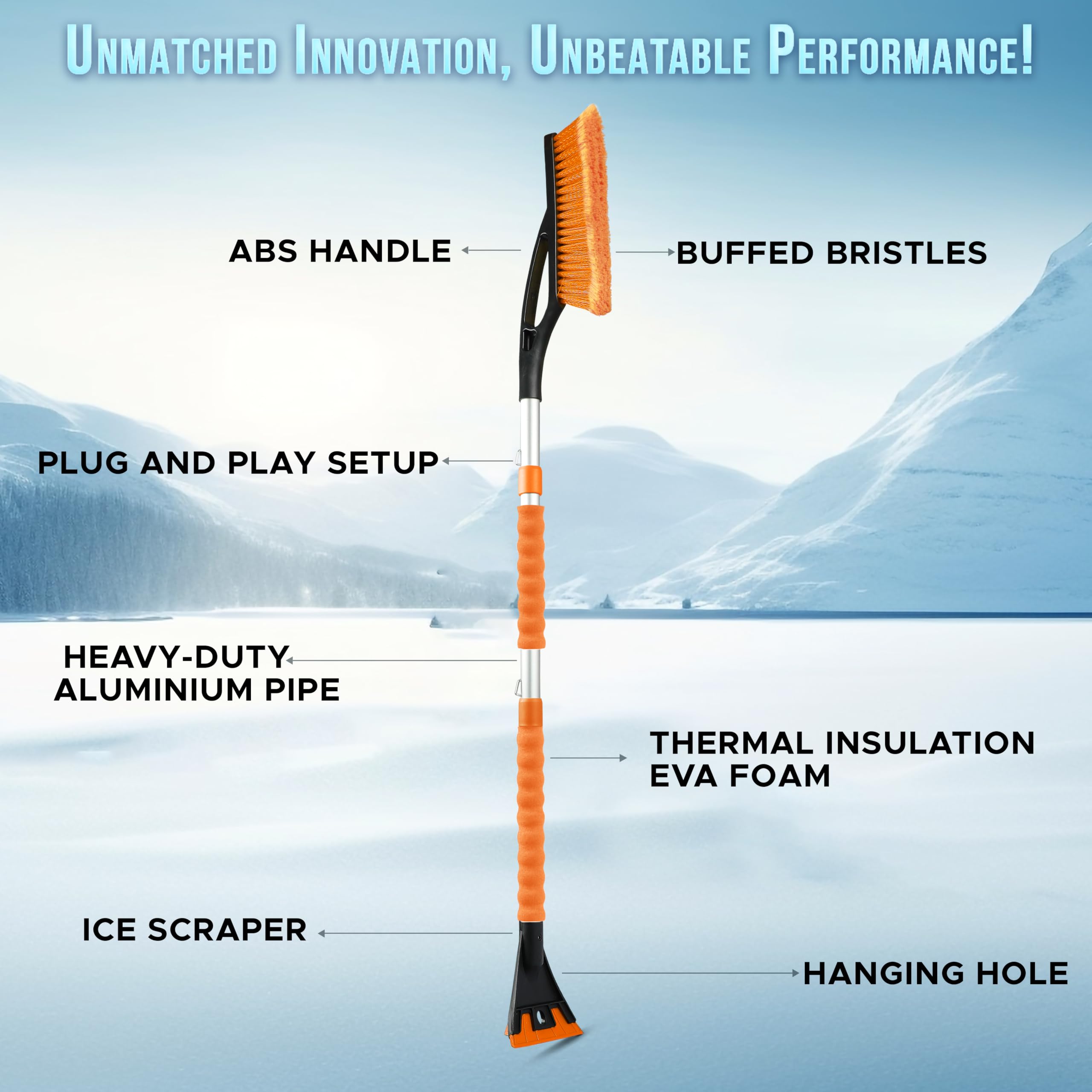 Econour 43'' Ice Scrapers For Car Windshield Extendable | 3 Parts Detachable Telescopic Snow Brush For Car, Trucks, Suv | Long S