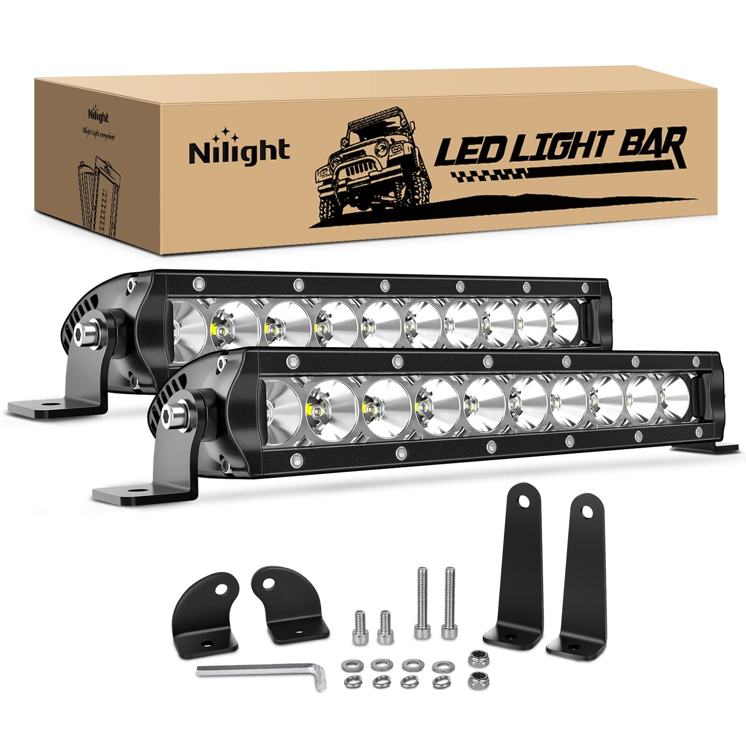 Nilight 2Pcs 11 Inch 50W Super Slim Flood Led Light Bar 5000Lm Driving Fog Light Single Row Off Road Led Lights For Jeep - 2 Sty